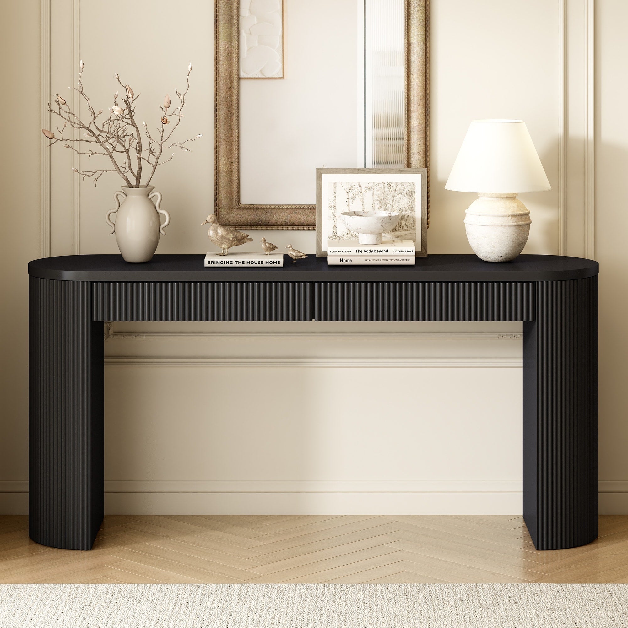 58.3 Entryway Table With Large Top And Dual Drawers Pine Veneer Sofa Table With Adjustable Feet