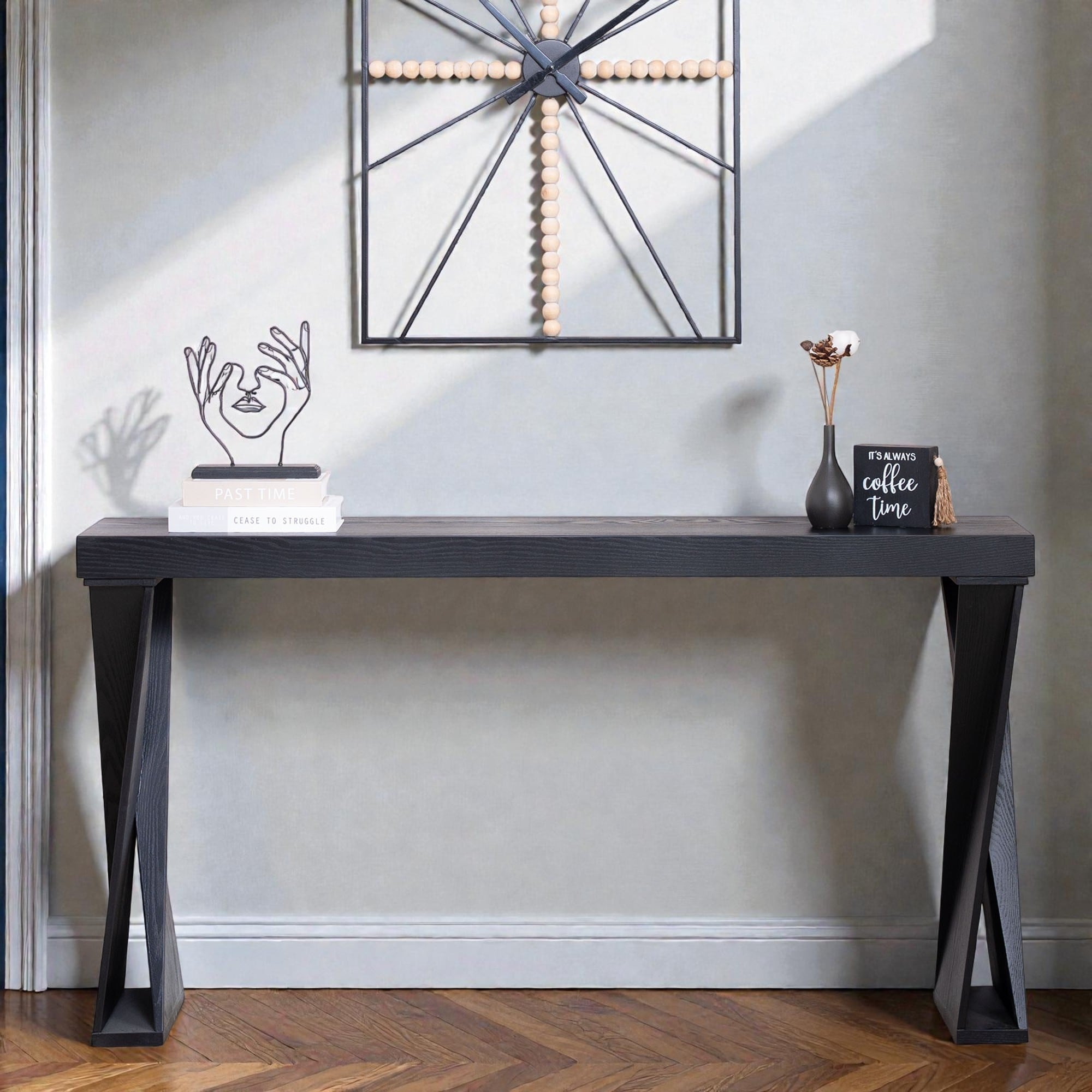 58.3 Modern Black Console Table With Crossed Legs Narrow Entryway Table For Hallway Living Room Or Office