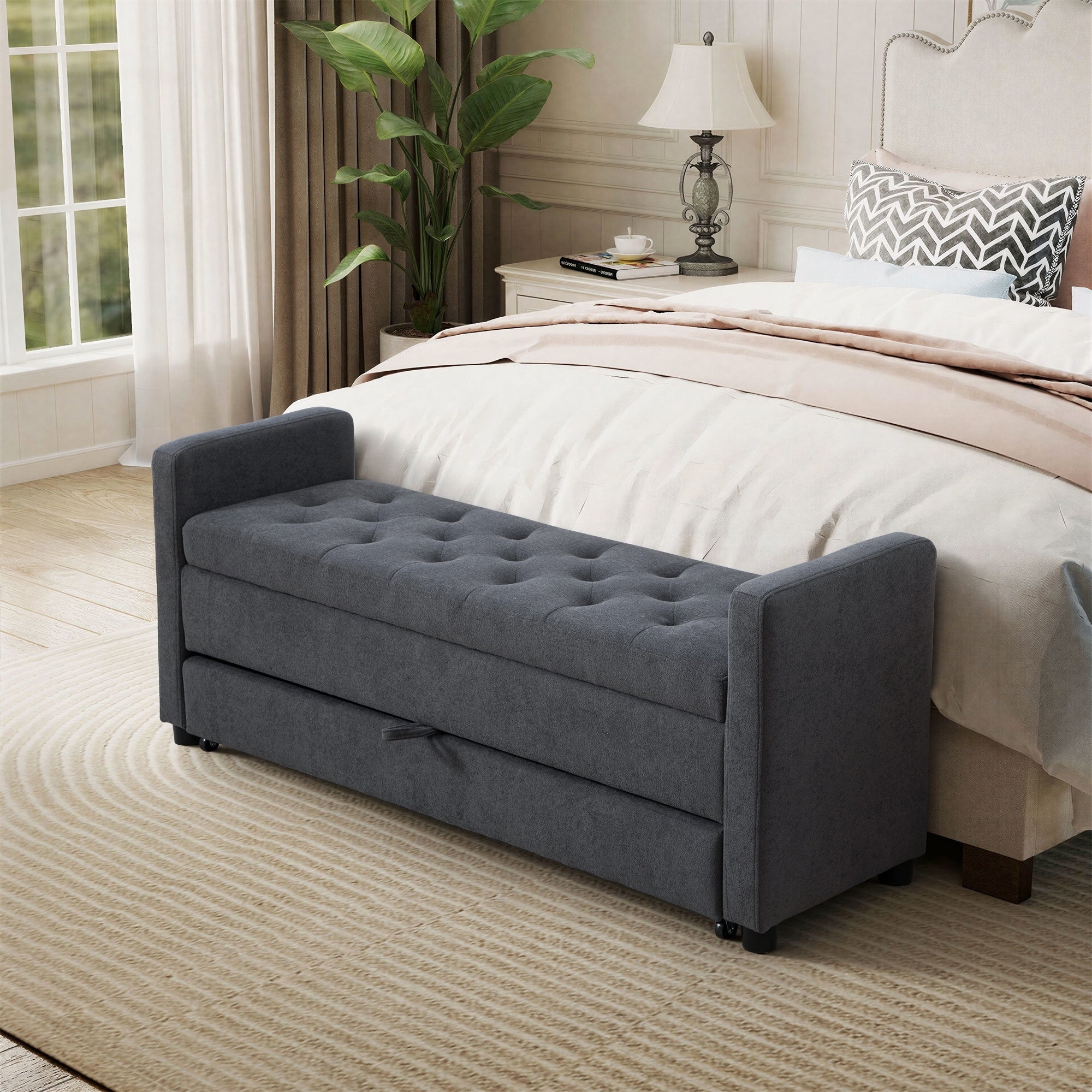 58.3 W Modern End Of Bed Storage Bench 2 Tier Storage Bench With Wheels Entryway Shoe Bench Foot Stool
