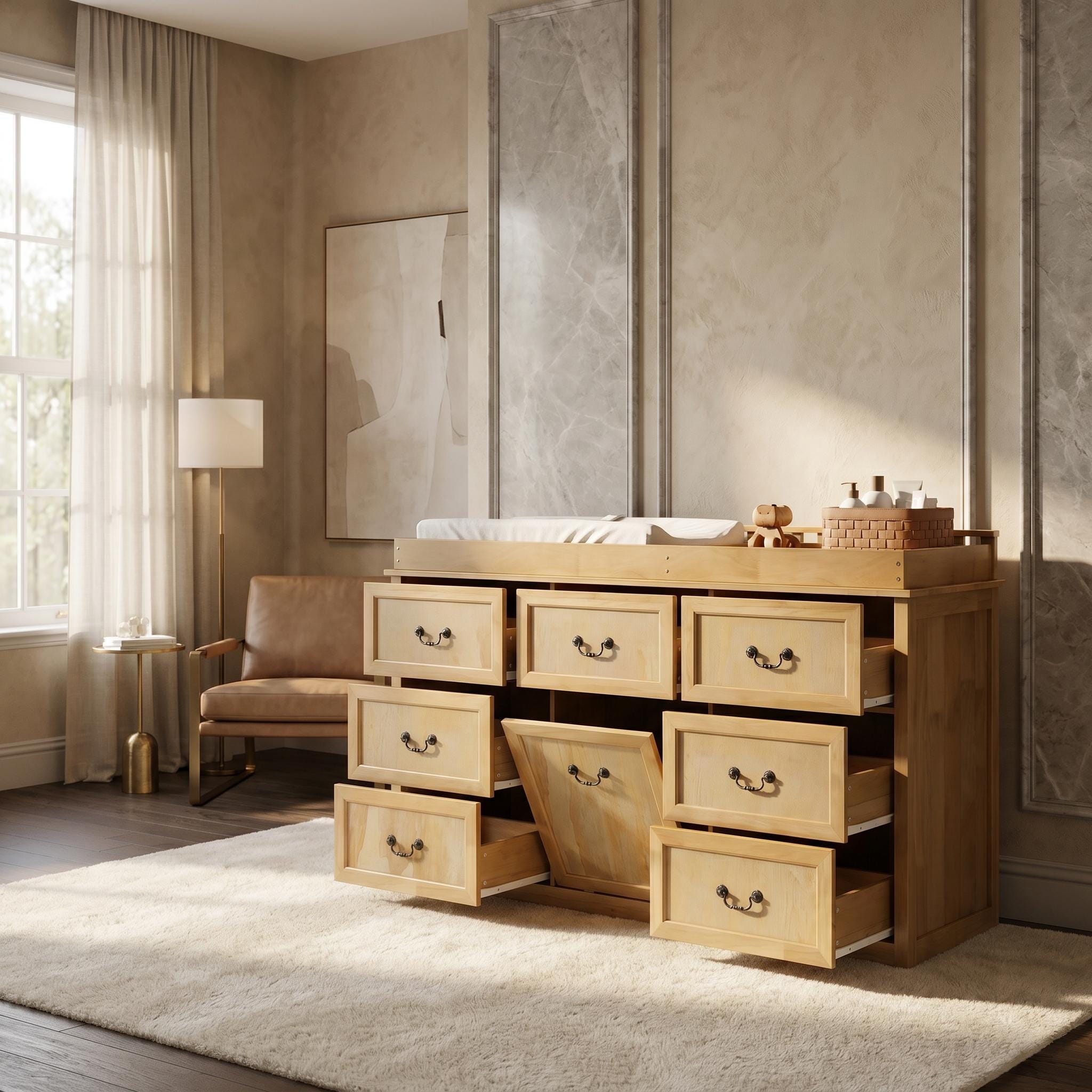 58.7 Solid Wood Baby Changing Table Dresser With 6 Drawers Center Cabinet Nursery Storage Organizer