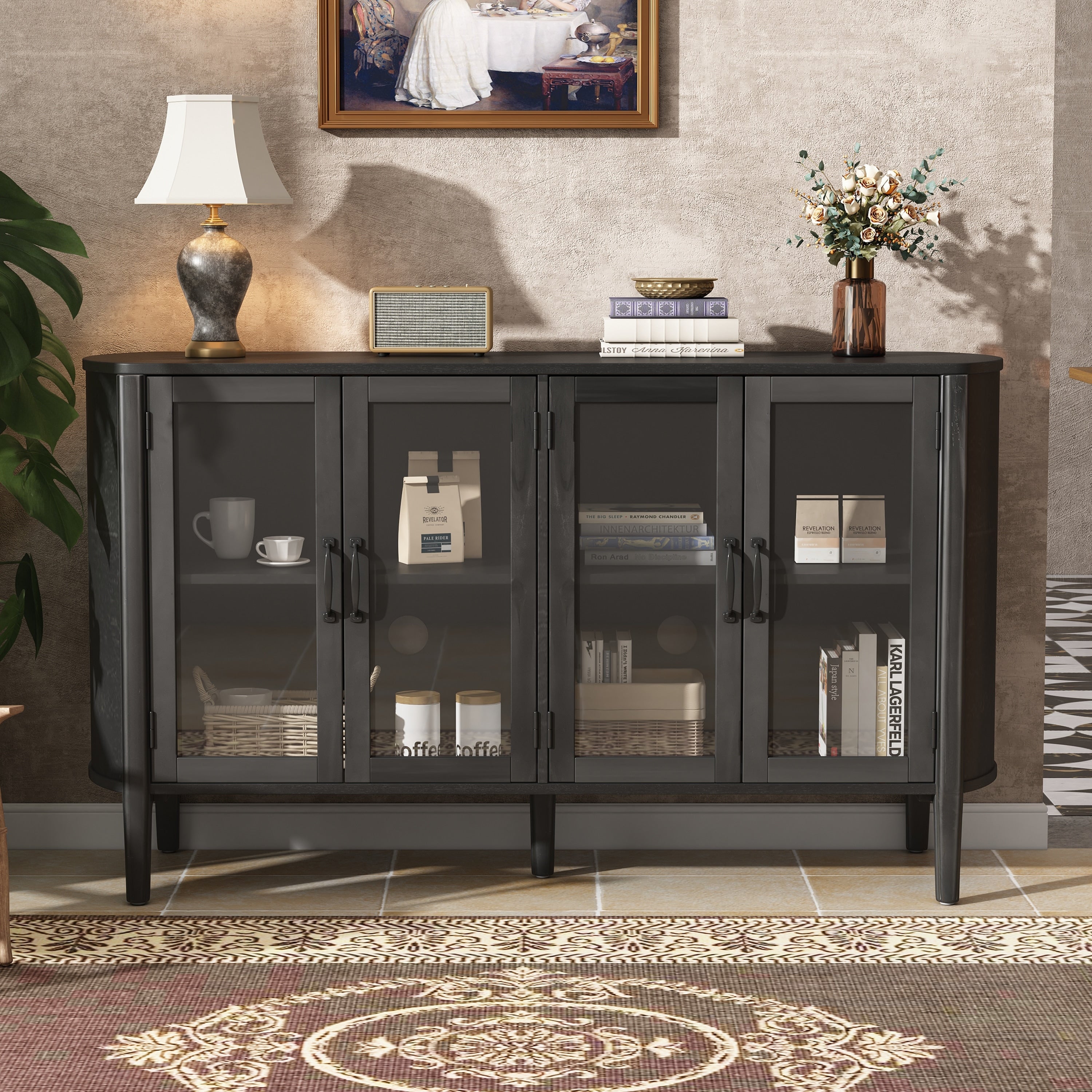 58 Glass Doors Storage Cabinet With Adjustable Shelves