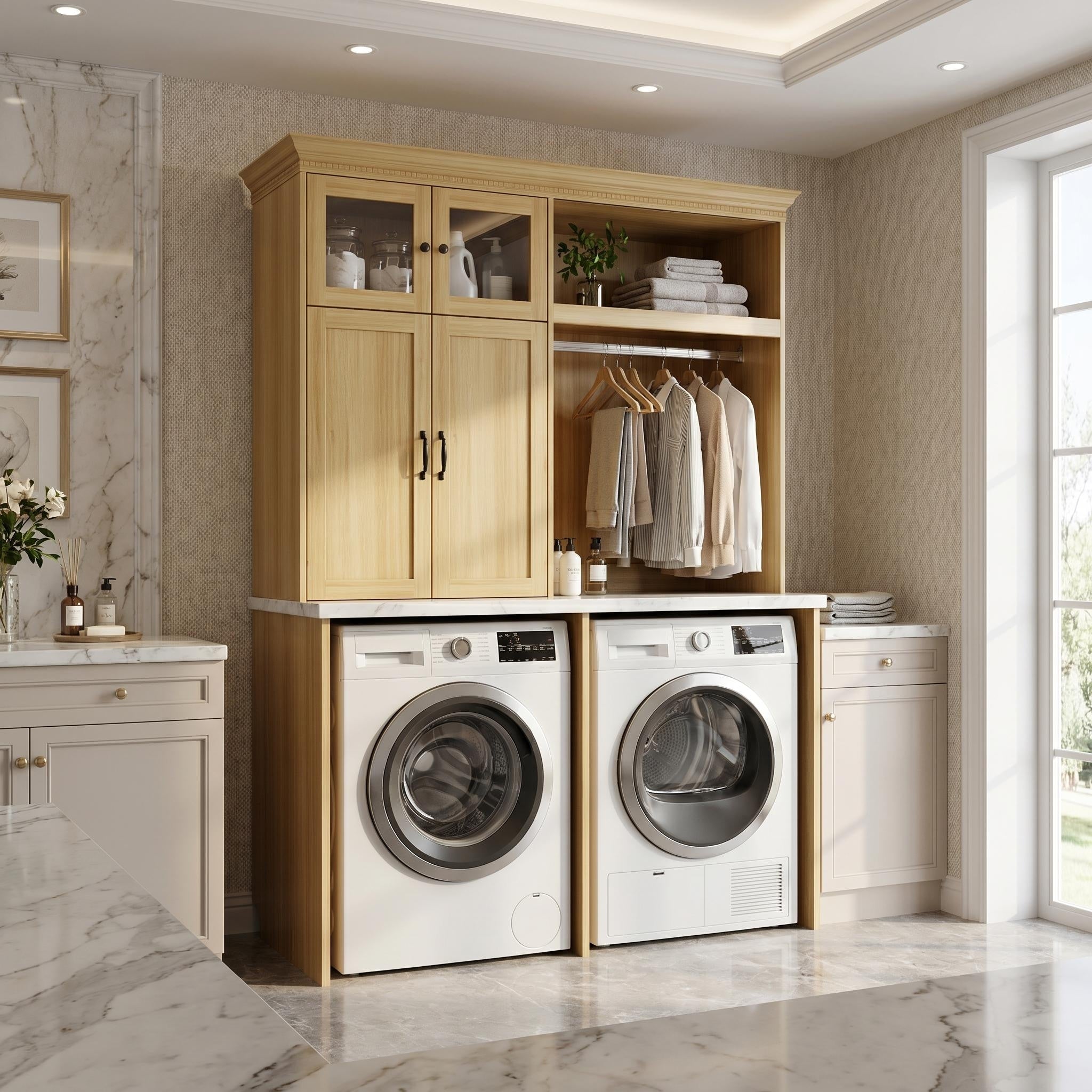 58 Over The Washer And Dryer Storage Cabinet Tall Laundry Room Organizer With Hanging Rod Heavy Duty Utility Cupboard