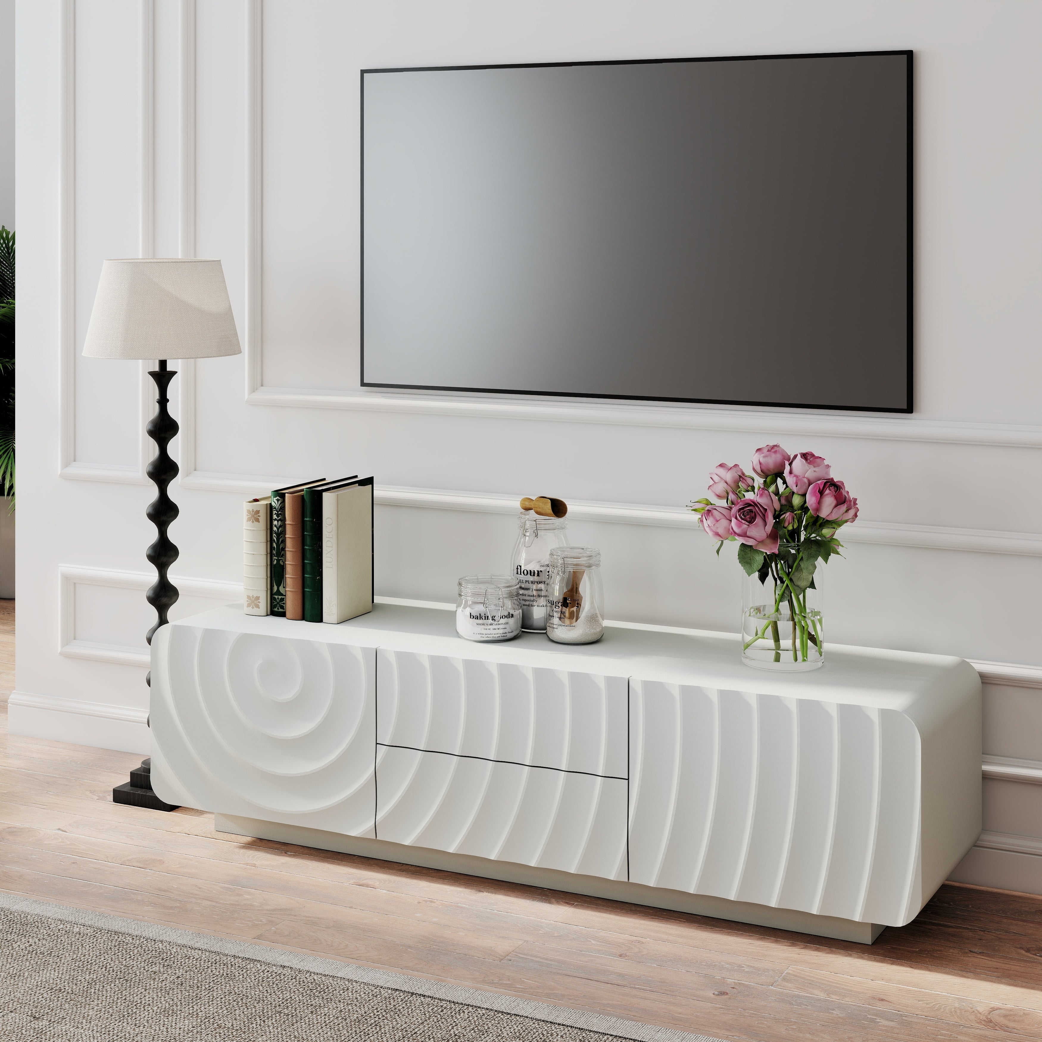 58 Tv Console With Mid Century Unique Spiral Wave Design With Storage Cabinet And 2 Drawers Tv Stand For Living Room Bedroom