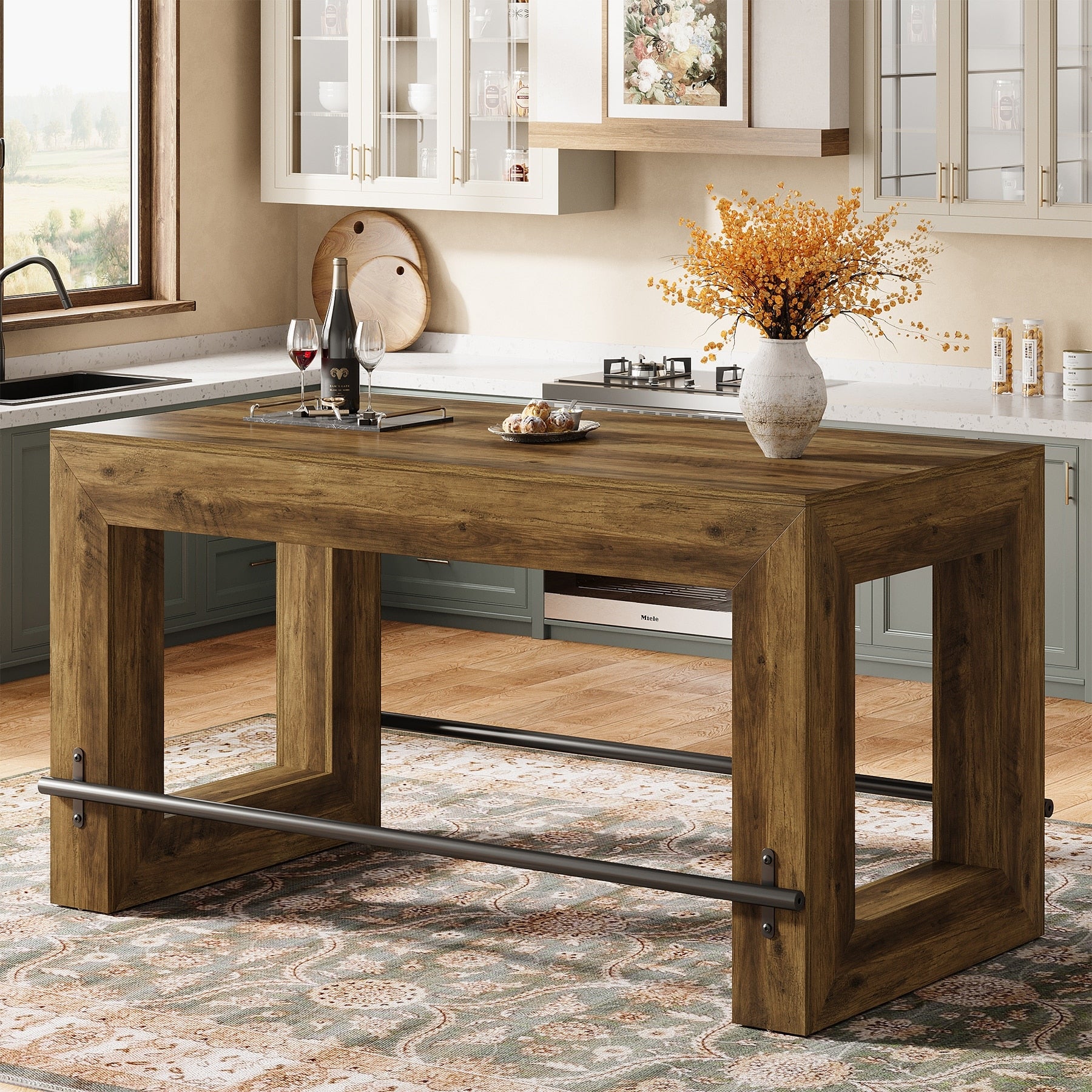 59 Inch Bar Table Industrial Counter Height Pub Dining Table With Metal Footrest 27.56 D X 59.06 W X 35.43 H