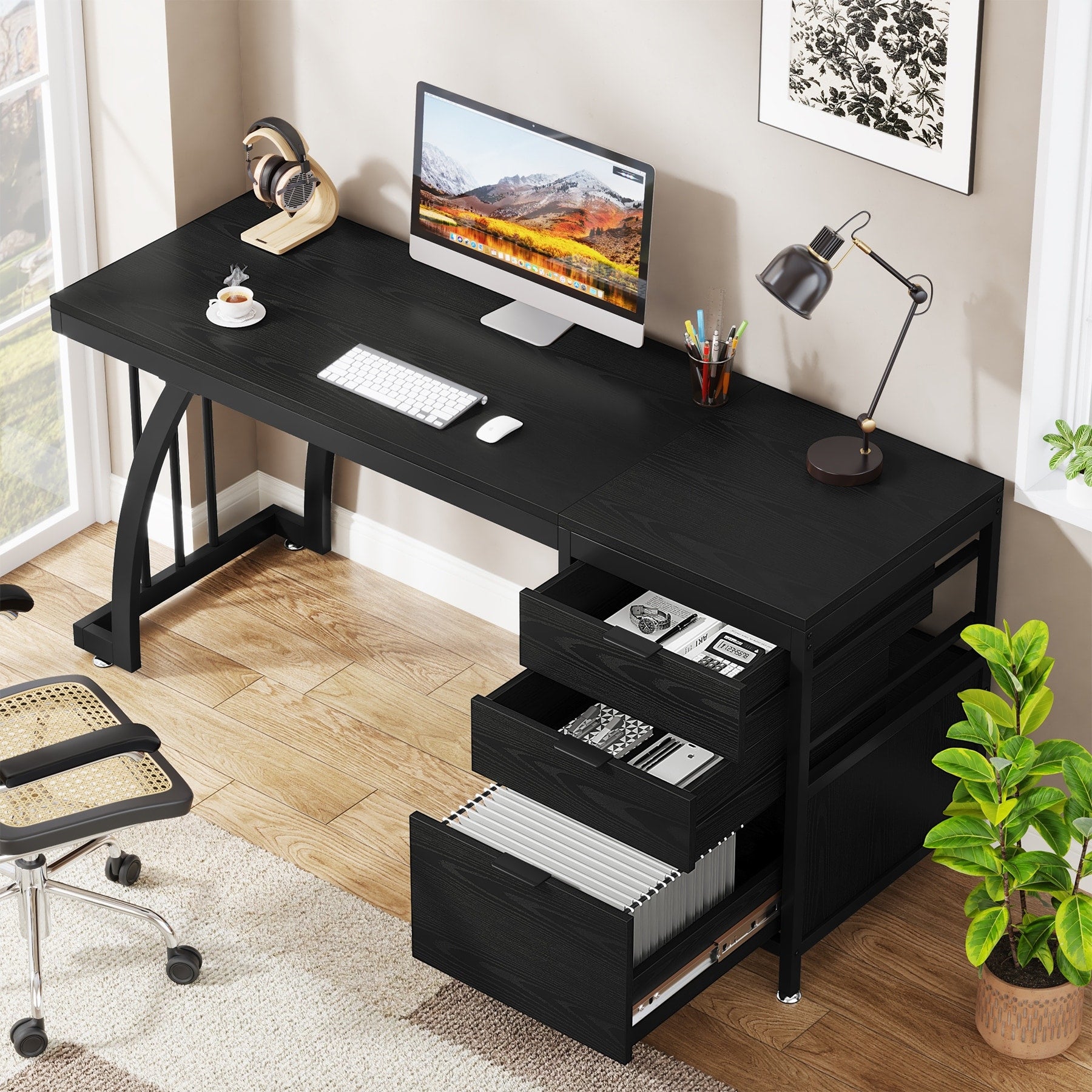 59 Inch Computer Desk With 3 Drawers Industrial Pc Desk Study Writing Table Workstation With File Storage Home Office Desks
