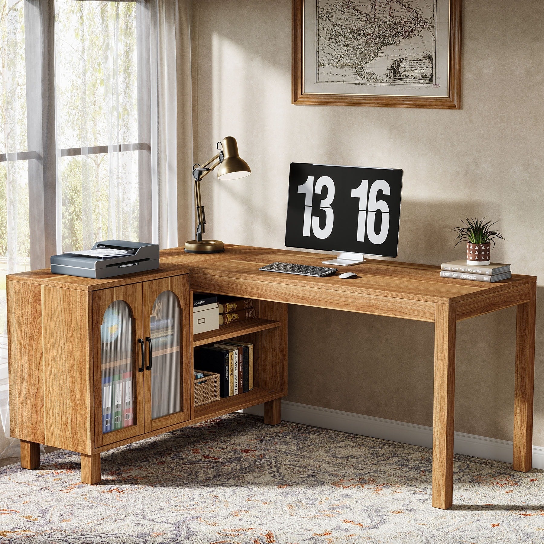 59 Inch L Shaped Desk With File Cabinet And Storage Shelves Corner Desk For Home Office