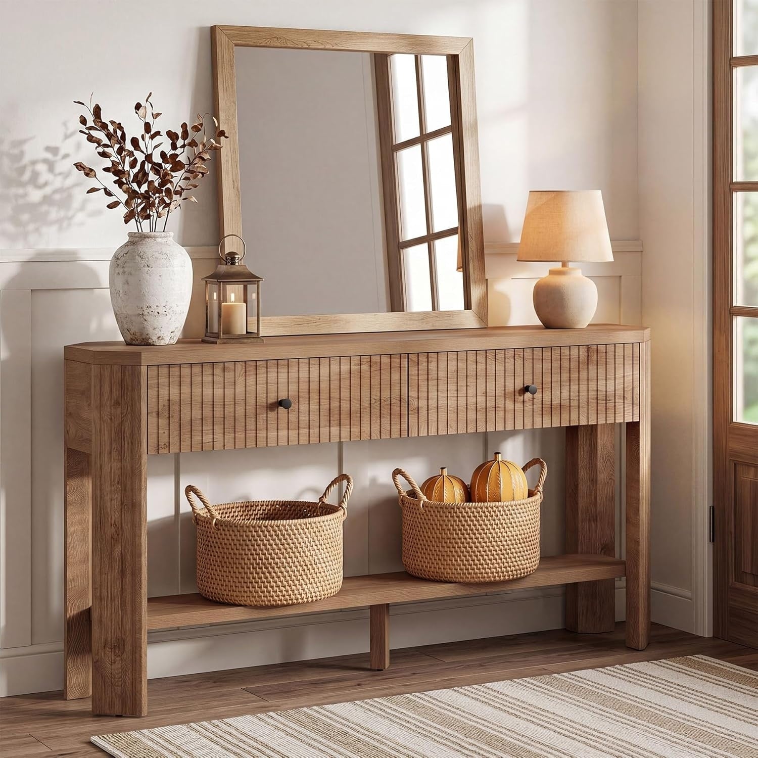 59 Inch Modern Entryway Console With 2 Drawers 2 Tier Fluted Sofa Table With Storage 59.06 L X 11.61 W X 31.50 H