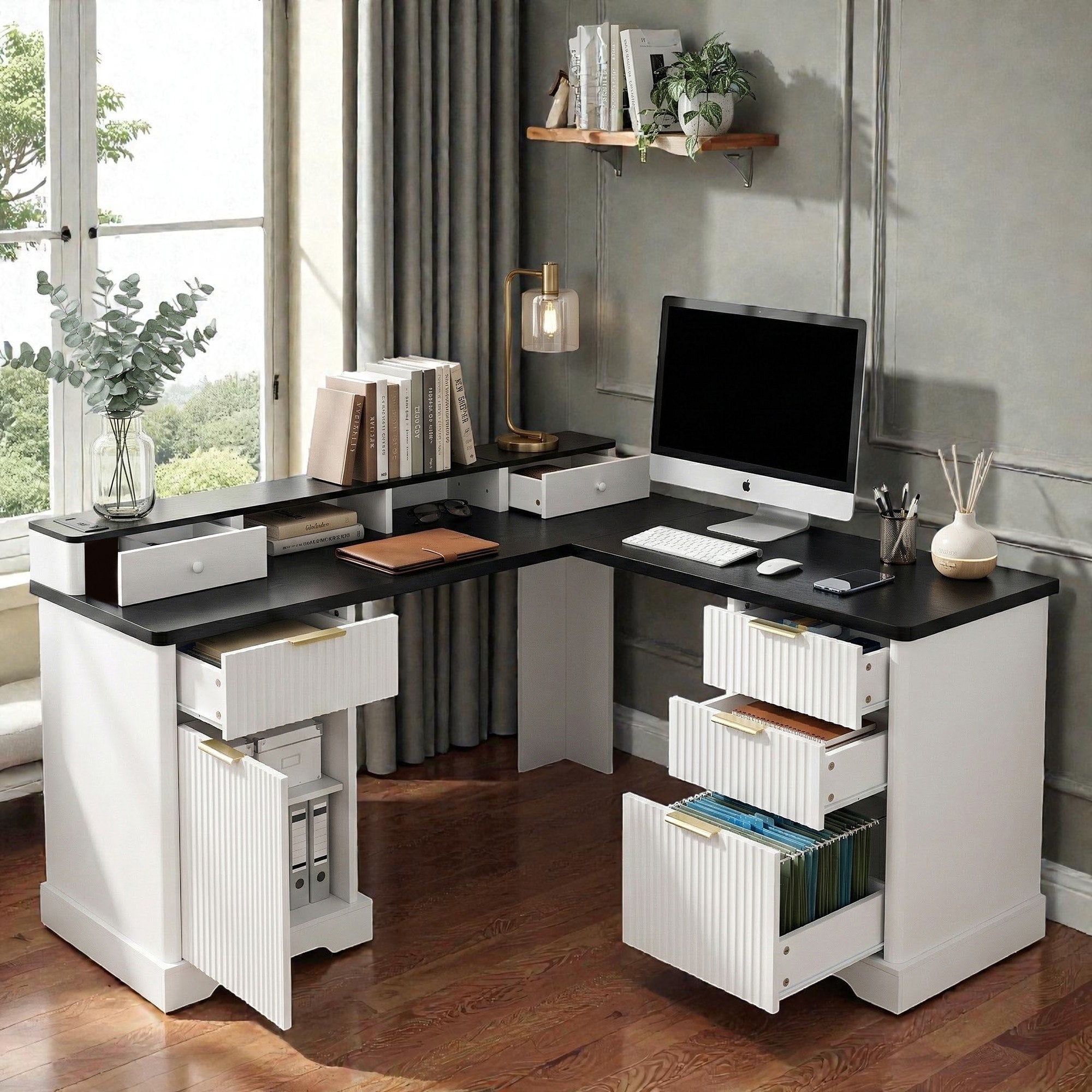 59 Inch Modern L Shaped Desk With Charging Station Computer Desk With Storage Cabinet File Drawer And Monitor Stand
