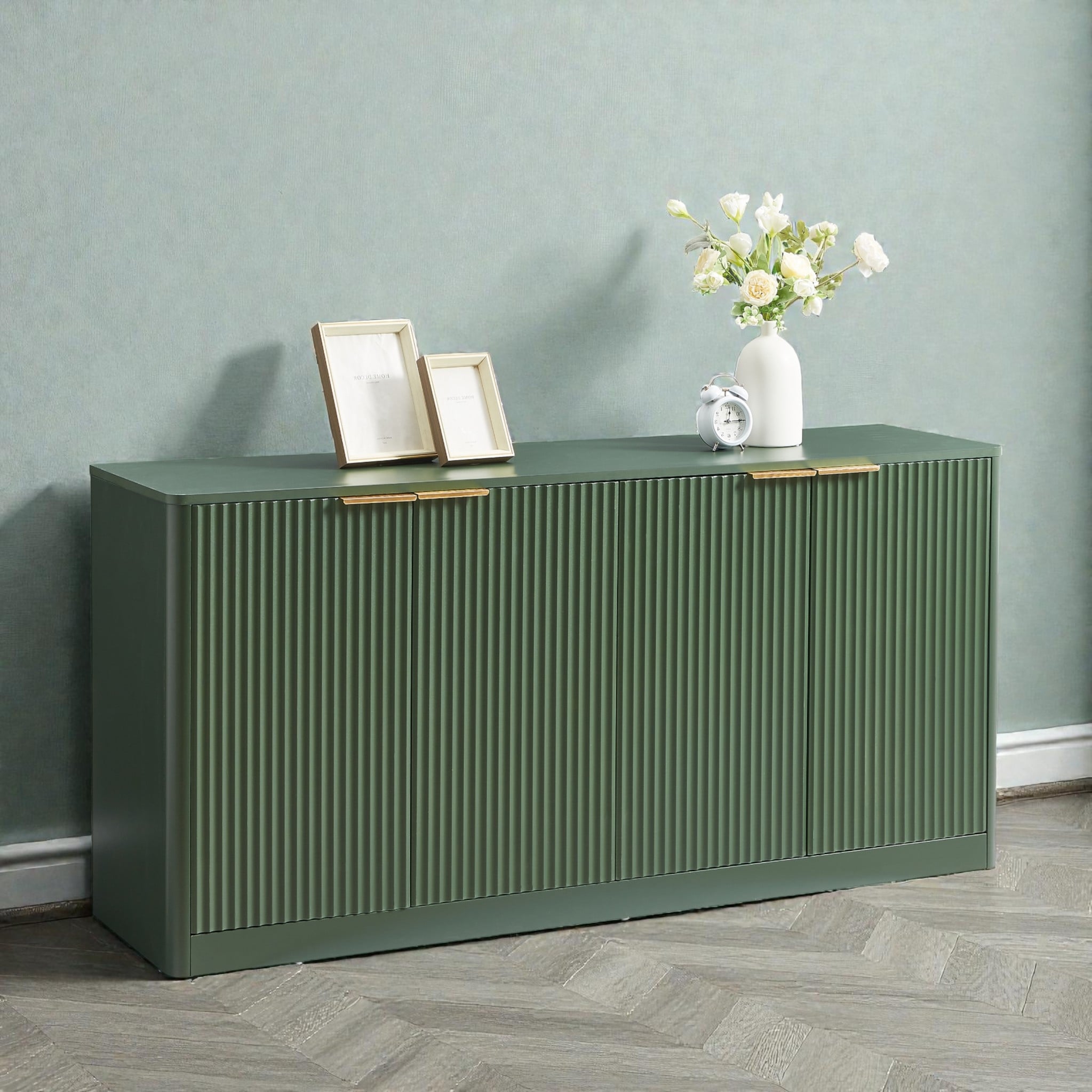 59 Inch Modern Wavy Sideboard Cabinet 4 Door Curved Storage Console With Wood Grain Top For Living Room