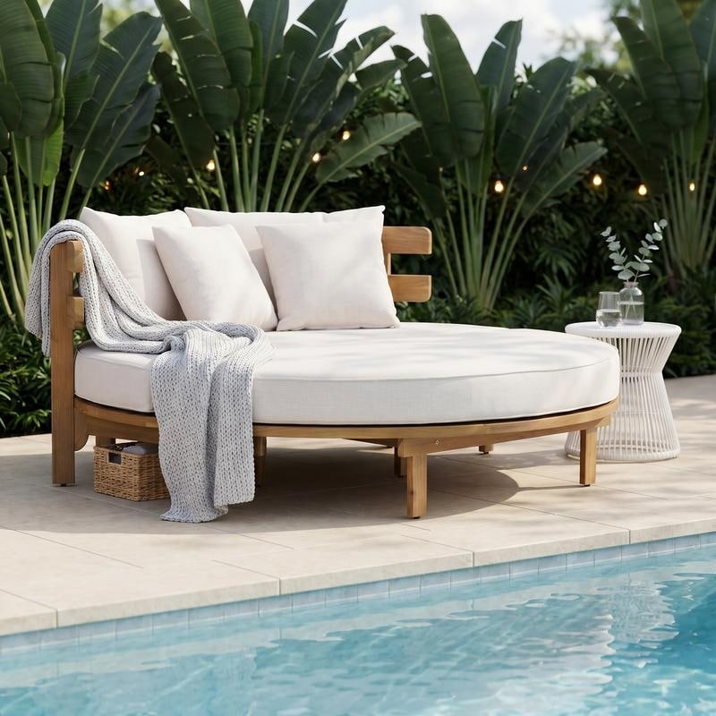 59 Inch Wood Outdoor Daybed Patio Lounger With Curved Slatted Backrest And Cushion 4 Pillows For Backyard Poolside