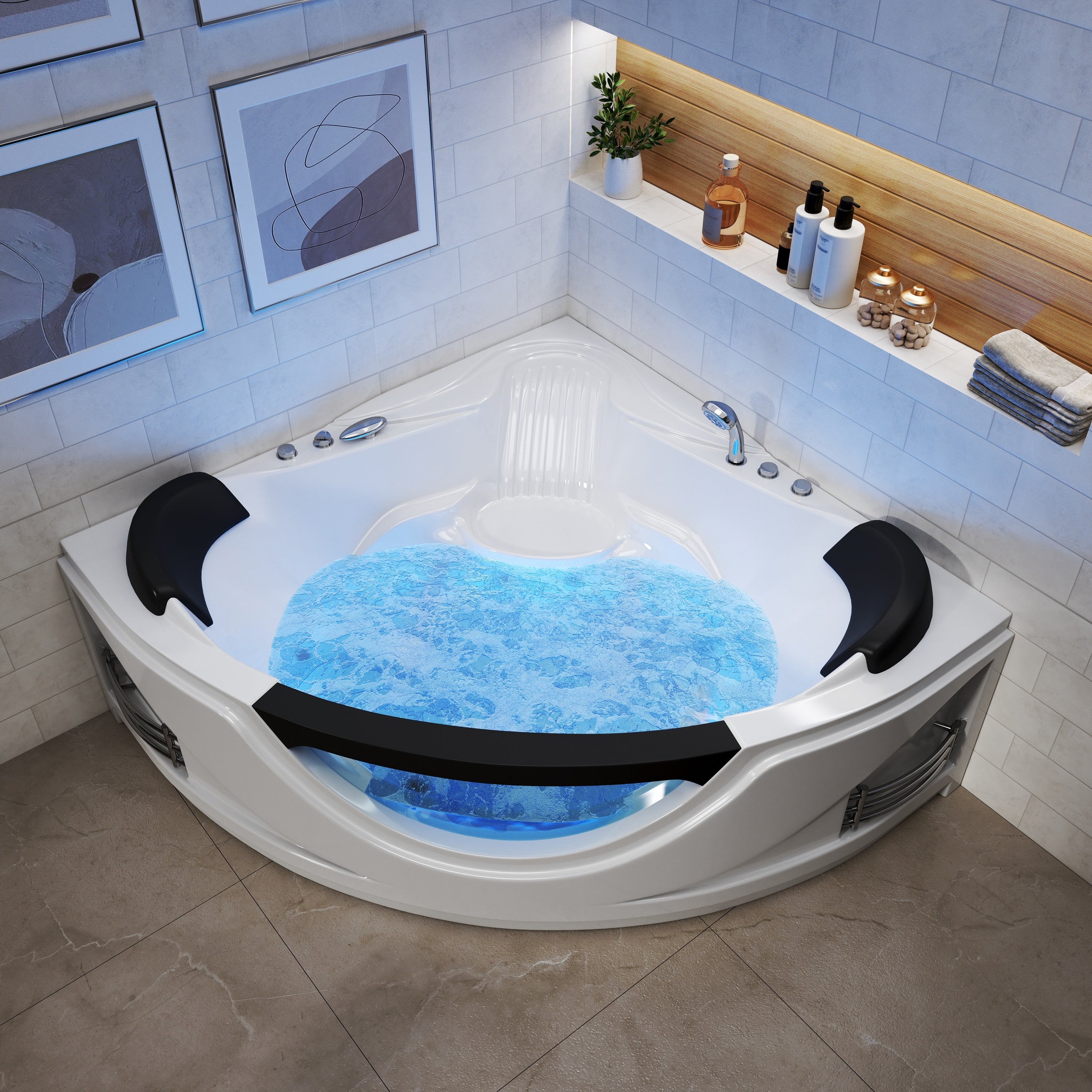 59 In. X 59 In. Whirlpool Bathtub With Center Drain 6 Hydro Massage Jets And Chromatherapy Led Lights In Milk White