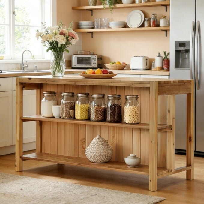 59.05 Solid Wood Farmhouse Kitchen Island With Open Storage Shelves