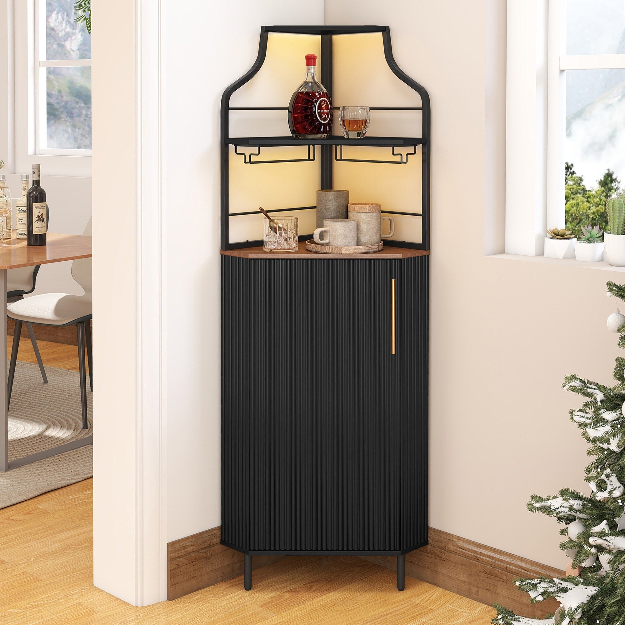 59.05 Tall Corner Bar Storage Cabinet With Wine Rack Lights