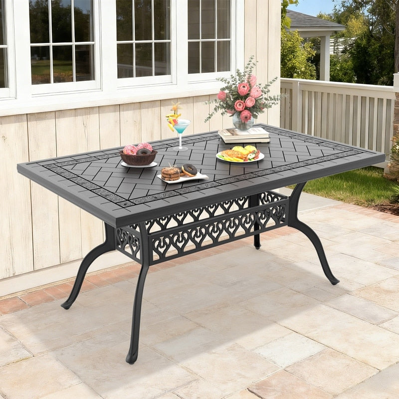 59.06 Inch Black Rectangle Cast Aluminum Patio Table With Retro Design