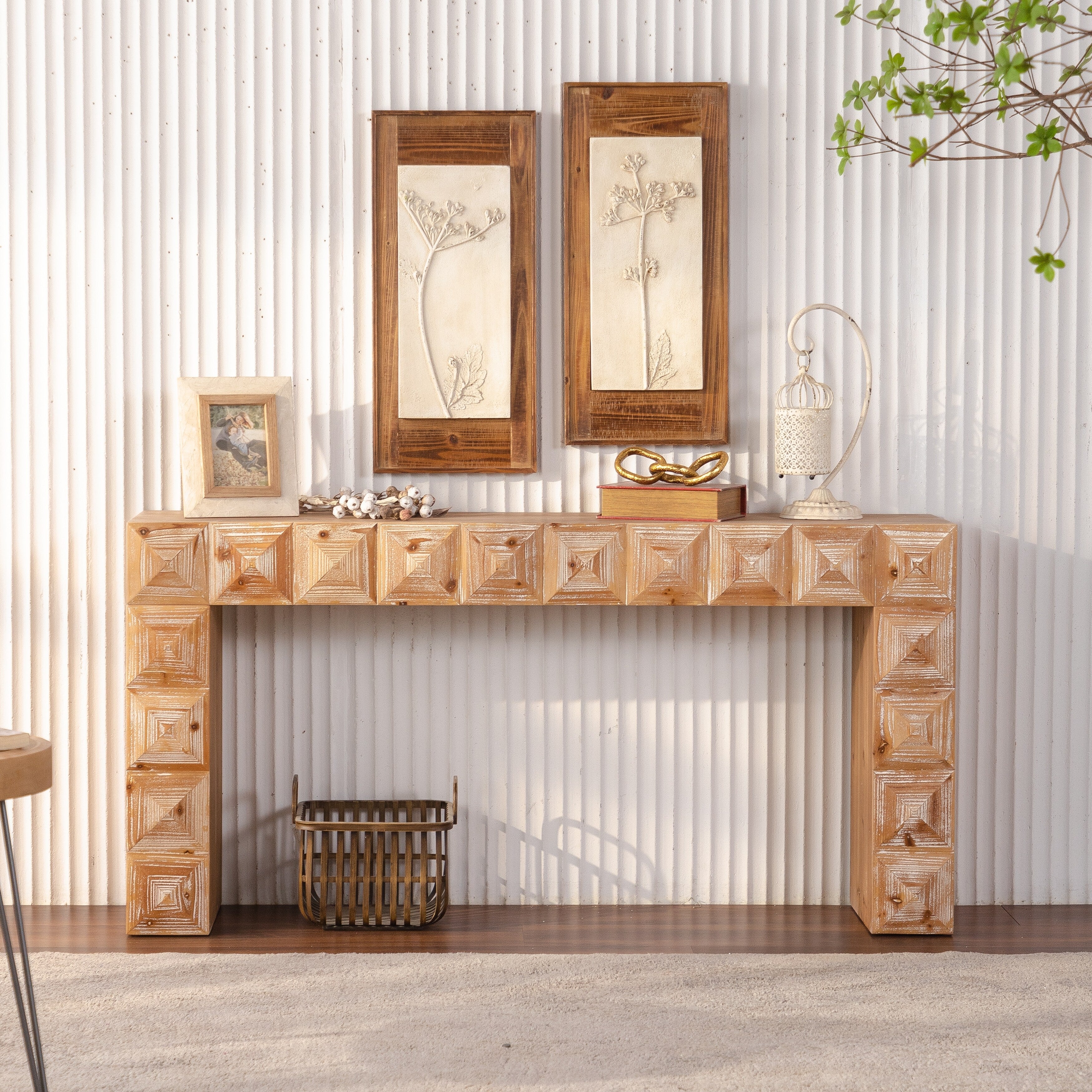 59.06 Rustic Geometric Relief Console Table Solid Wood Mdf Entryway Table With 3D Carved Details For Living Room Hallway