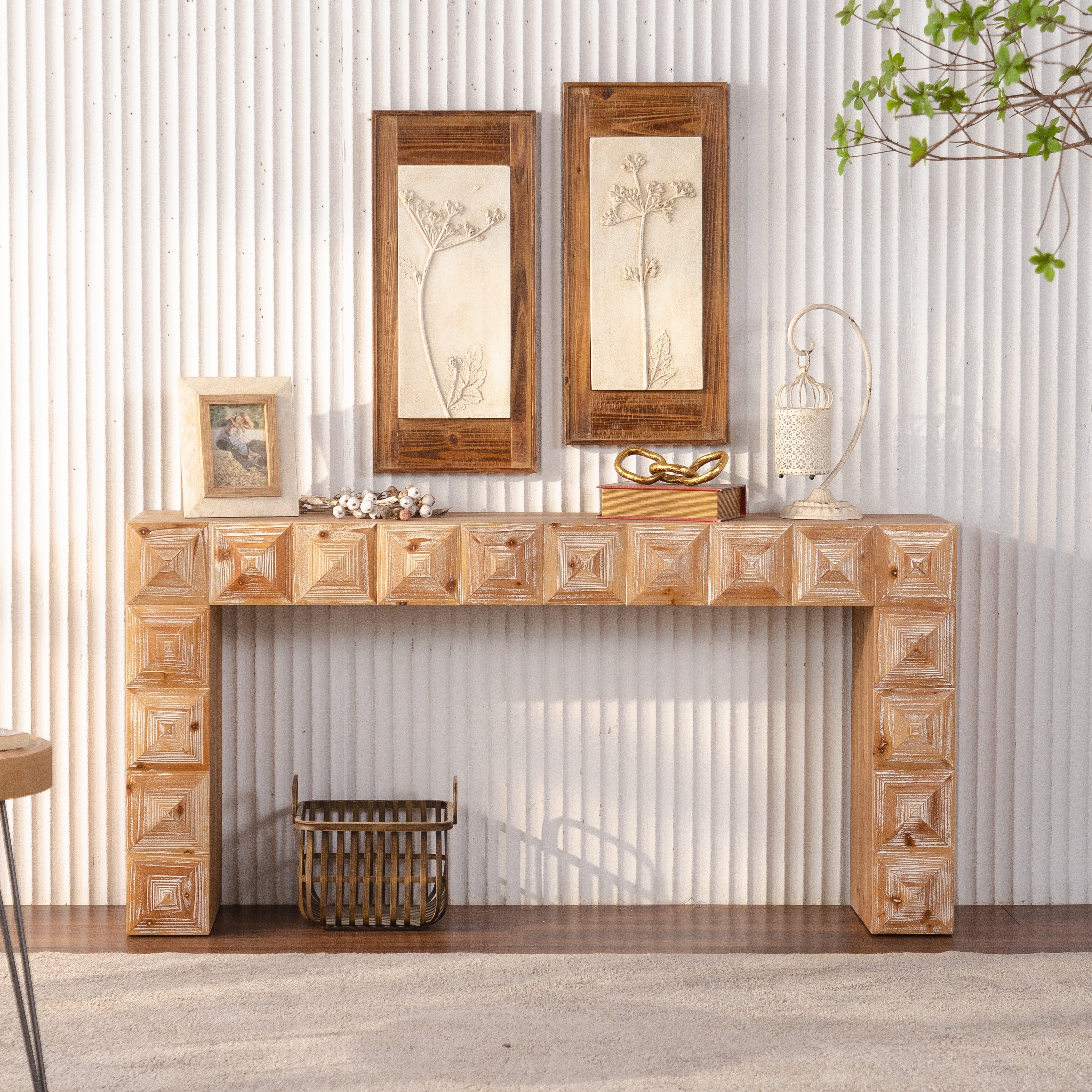 59.06 Rustic Geometric Relief Console Table Wood Mdf Entryway Table With 3D Carved Details