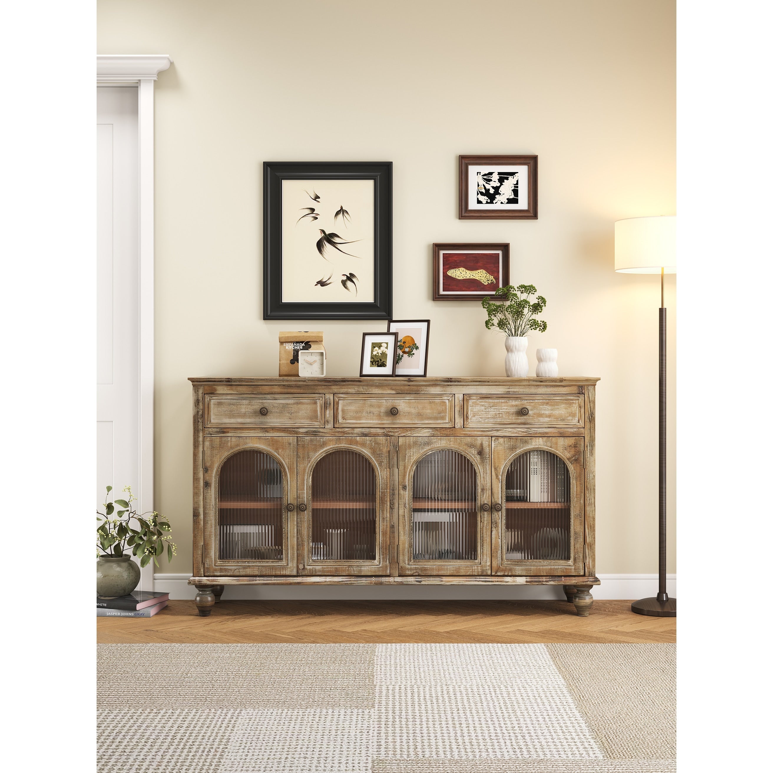 59.06 Farmhouse Sideboard Buffet Cabinet Distressed Wood Credenza With 3 Drawers 4 Glass Doors Storage Cabinet With Shelves