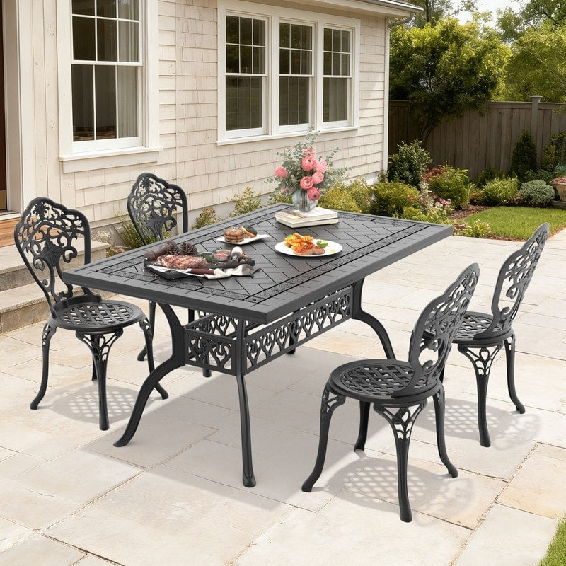 59.06In Rectangle Black Cast Aluminum Outdoor Dining Table 4 Outdoor Dining Chairs Without Cushion