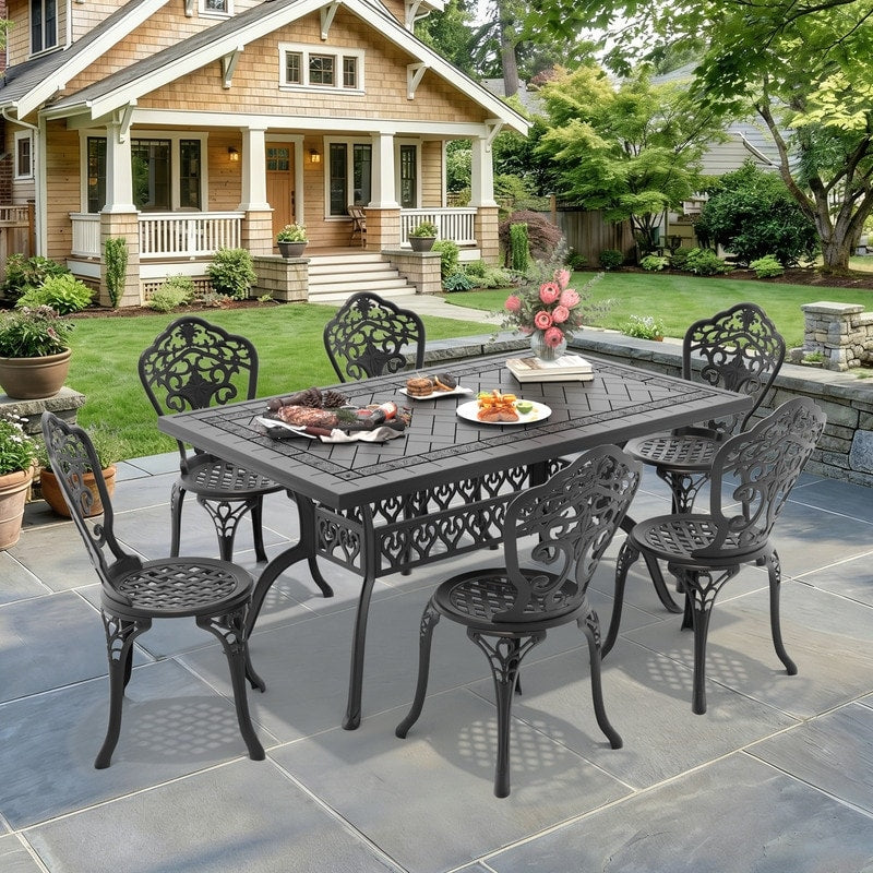 59.06In Rectangle Black Cast Aluminum Outdoor Dining Table 6 Outdoor Dining Chairs Without Cushion