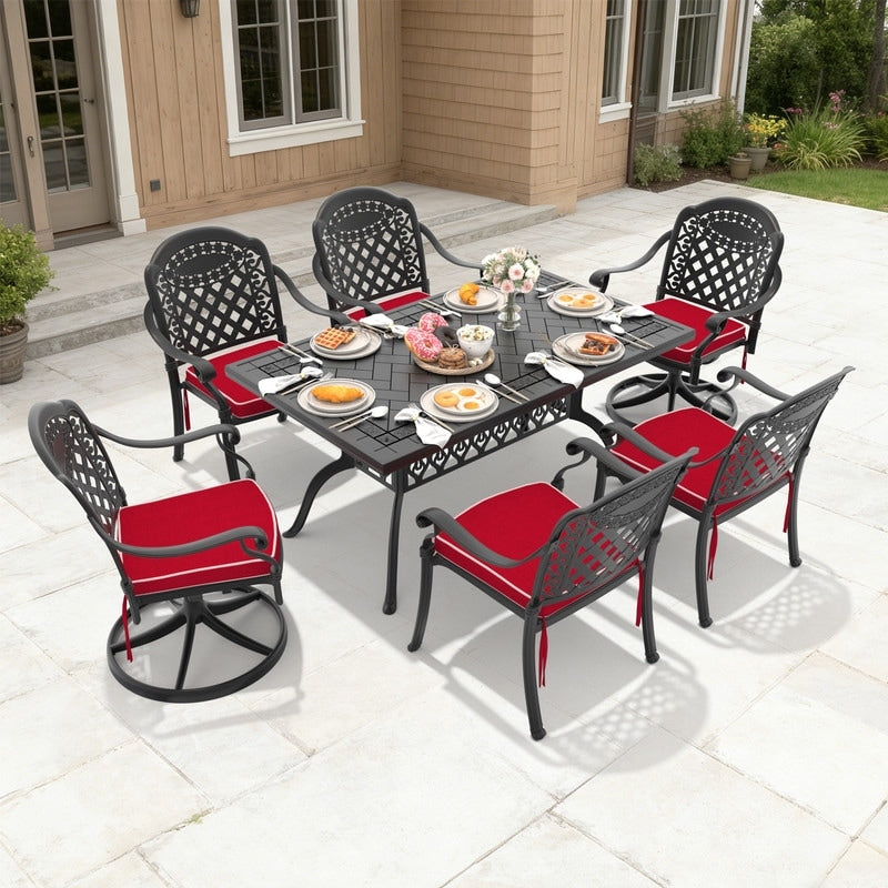 59.06In Rectangle Black Outdoor Dining Table With 2 Swivel 4 Stackable Chairs Brown Cushions 7 Piece Set