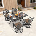 59.06In Rectangle Cast Aluminum Outdoor Dining Table And 4 Swivel Black Frame Outdoor Chairs With Brown Cushions