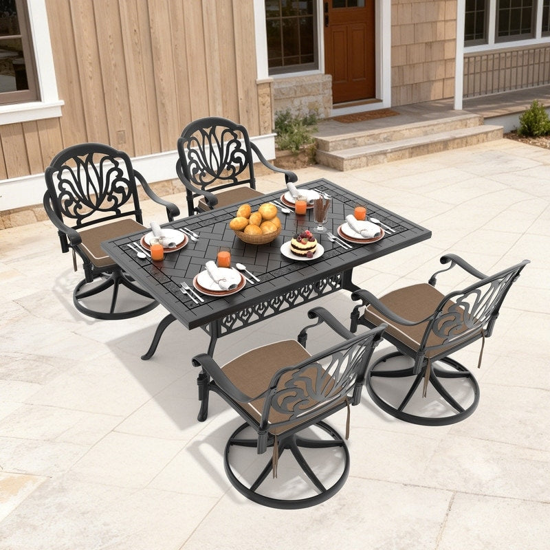 59.06In Rectangle Cast Aluminum Outdoor Dining Table And 4 Swivel Black Frame Outdoor Chairs With Brown Cushions