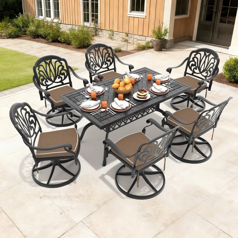59.06In Rectangle Cast Aluminum Outdoor Dining Table And 6 Swivel Black Frame Outdoor Chairs With Brown Cushions