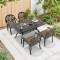 59.06In Reltangle Black Cast Aluminum Outdoor Dining Table 4 Outdoor Chairs With Brown Cushions