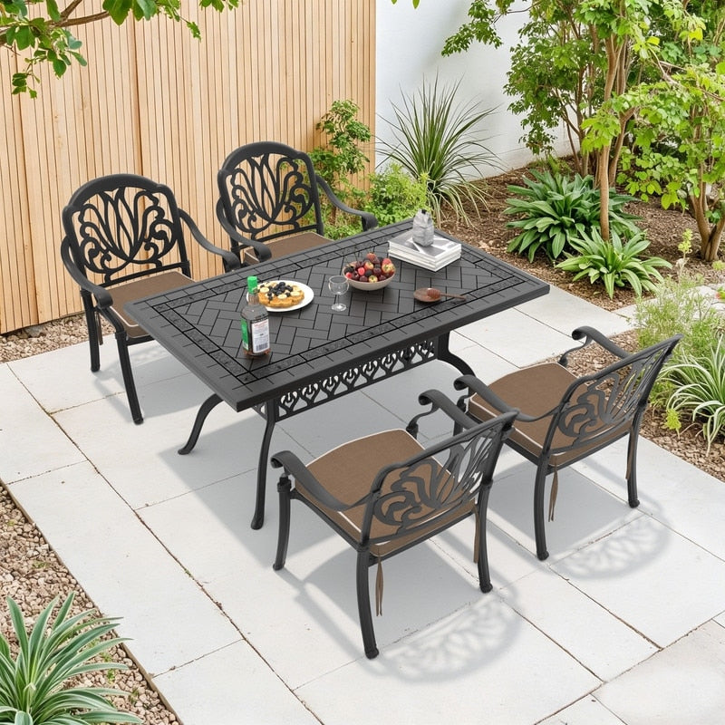 59.06In Reltangle Black Cast Aluminum Outdoor Dining Table 4 Outdoor Chairs With Brown Cushions