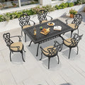 59.06In Reltangle Black Cast Aluminum Outdoor Dining Table 6 Outdoor Chairs With Brown Cushions
