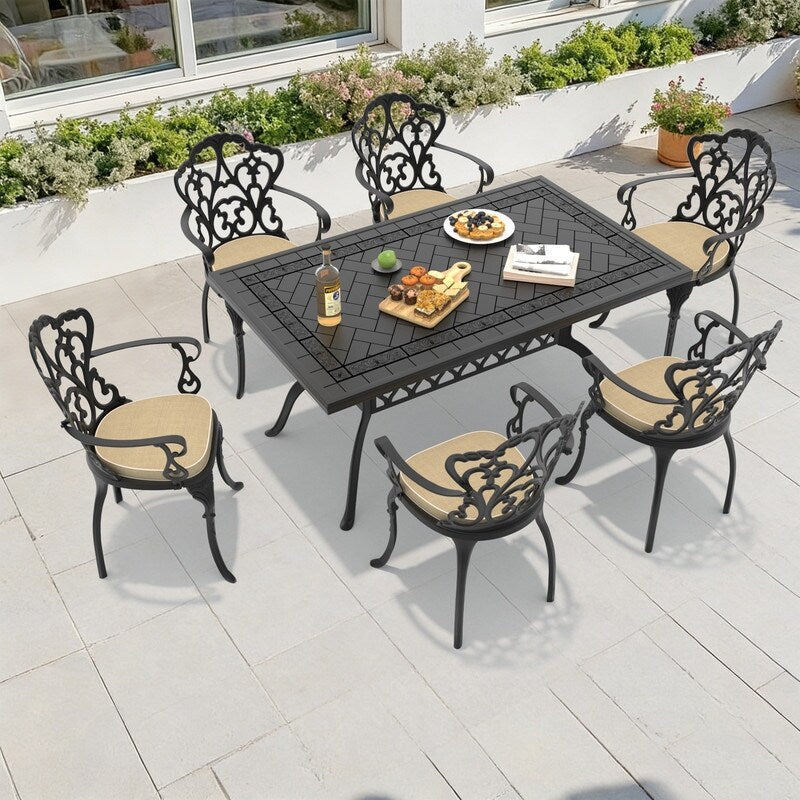 59.06In Reltangle Black Cast Aluminum Outdoor Dining Table 6 Outdoor Chairs With Brown Cushions