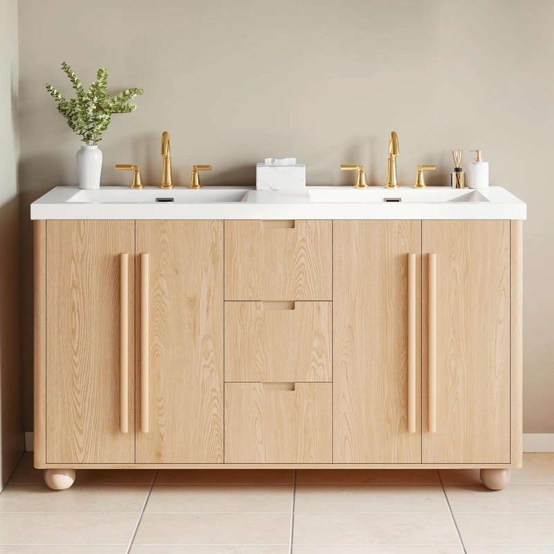 59.1 Double Sink Bathroom Vanity With Resin Sinks Natural Wood Grain Soft Close Doors 3 Drawers Adjustable Shelves