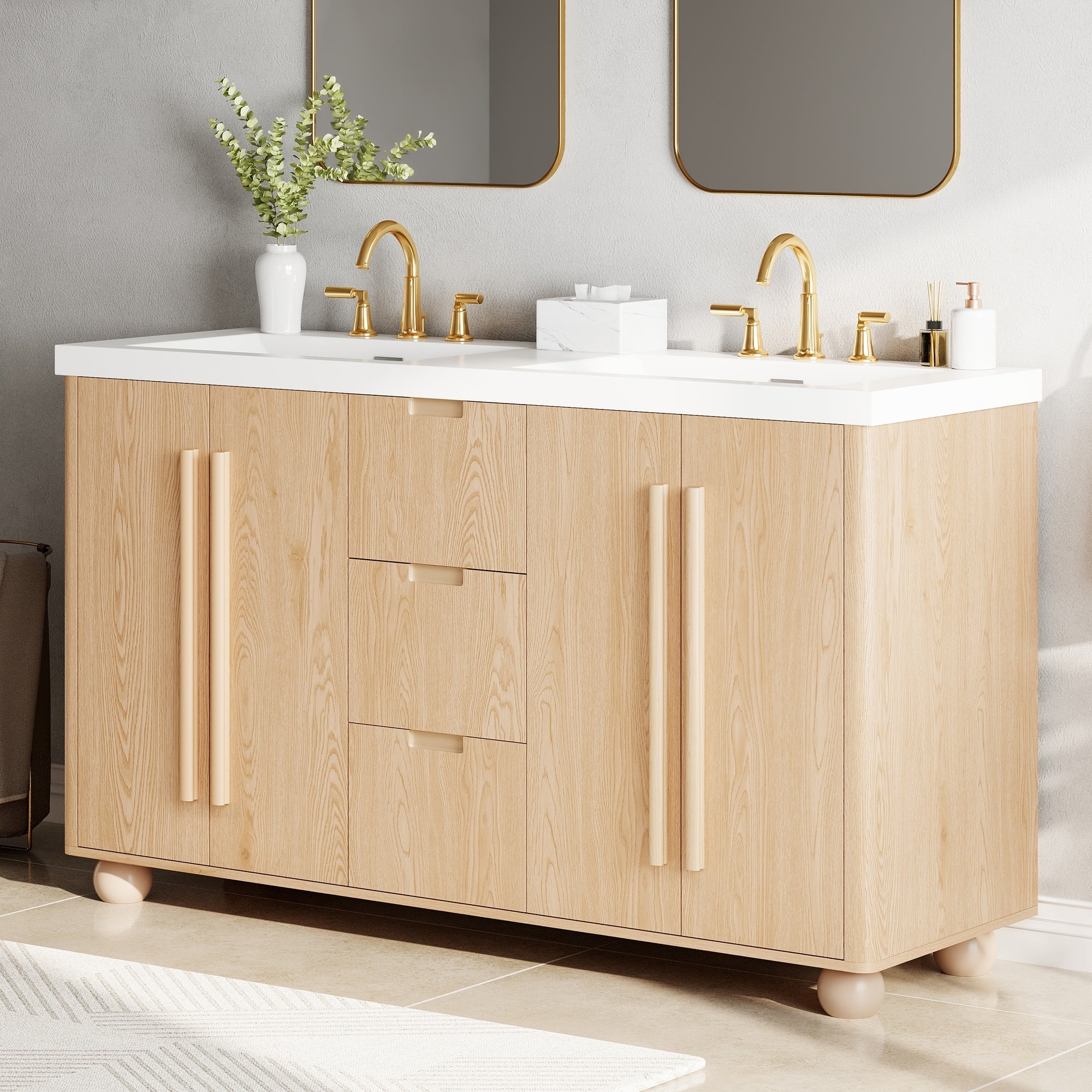 59.1 Double Sink Bathroom Vanity With Resin Sinks Solid Wood Handles Soft Close Doors 3 Drawers Adjustable Shelves