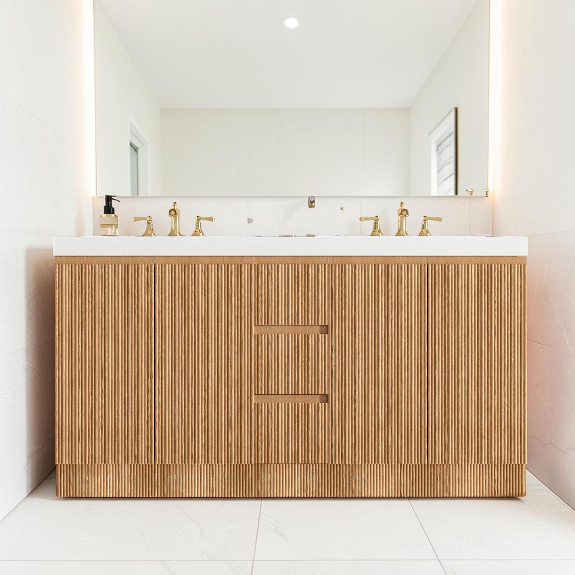 59.3 Inch Double Sink Bathroom Vanity With Smc Top Freestanding Mdf Cabinet With 4 Doors And 3 Drawers