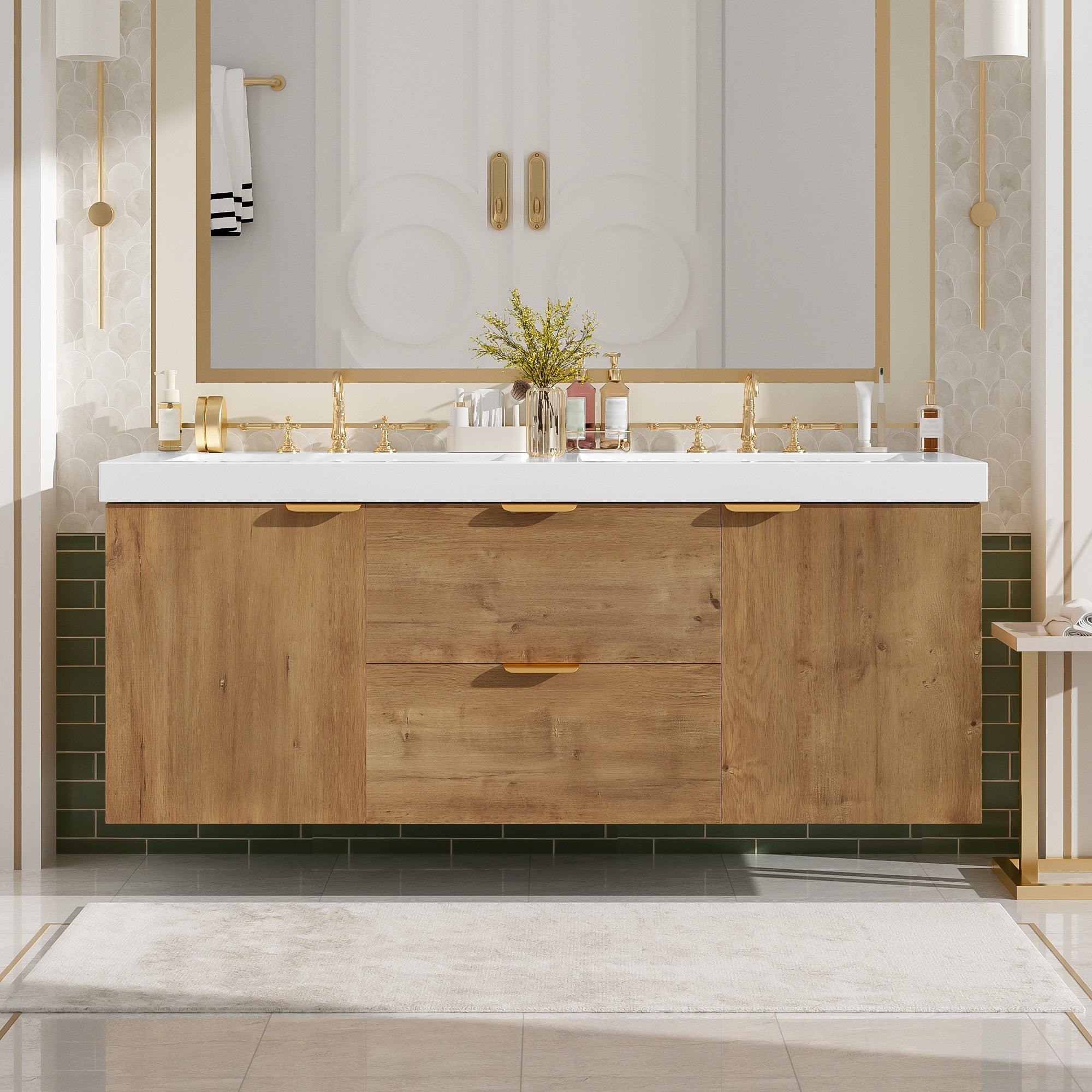 59.3 Inch Double Sink Bathroom Vanity With Smc Top Mdf Cabinet Soft Close Doors Divided Drawers Wall Mounted