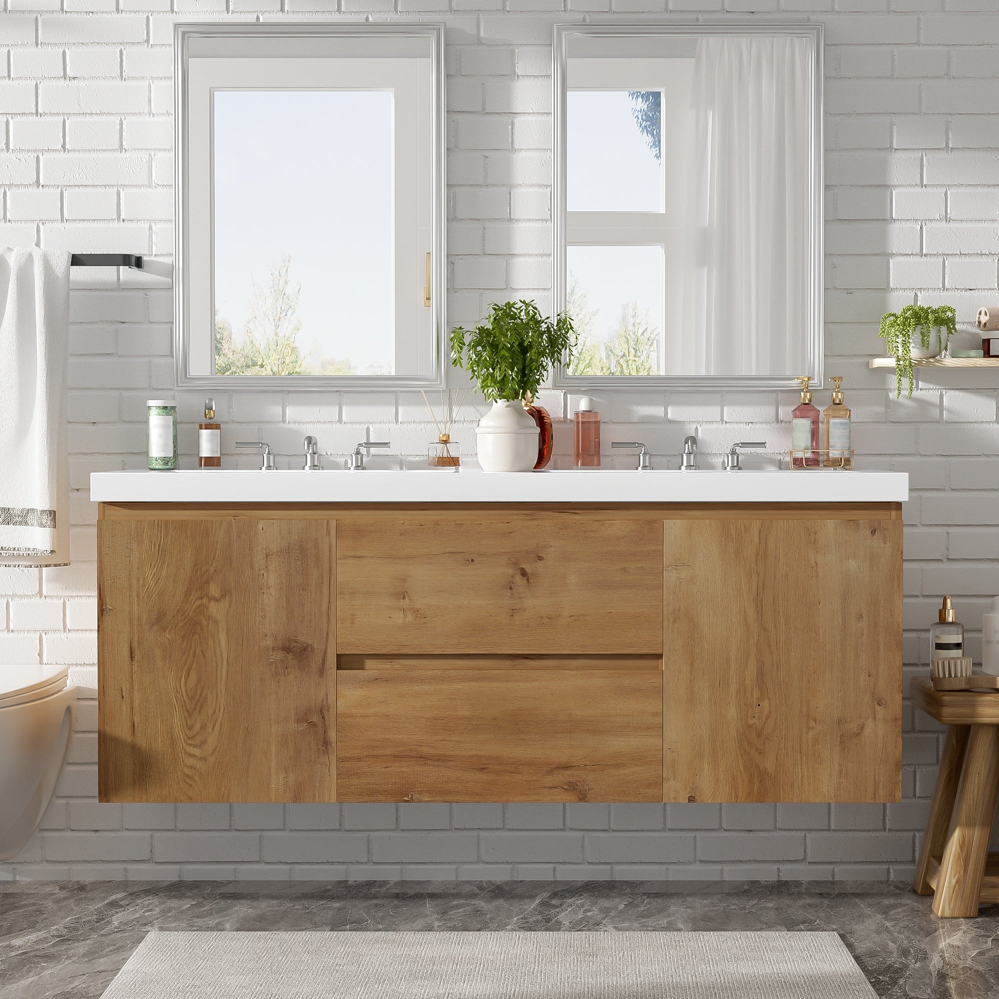 59.3 Inch Double Sink Bathroom Vanity With Smc Top Mdf Cabinet Soft Close Doors Divided Drawers Wall Mounted