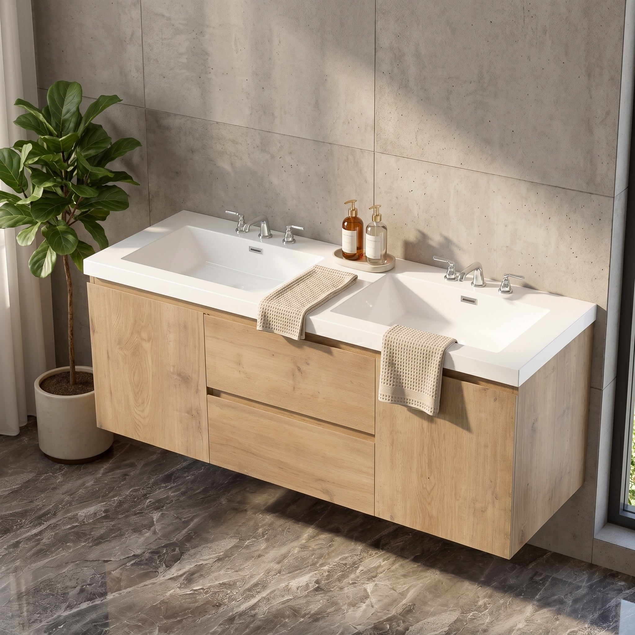 59.3 Inch Double Sink Floating Bathroom Vanity With Smc Top Wall Mounted Mdf Storage Cabinet