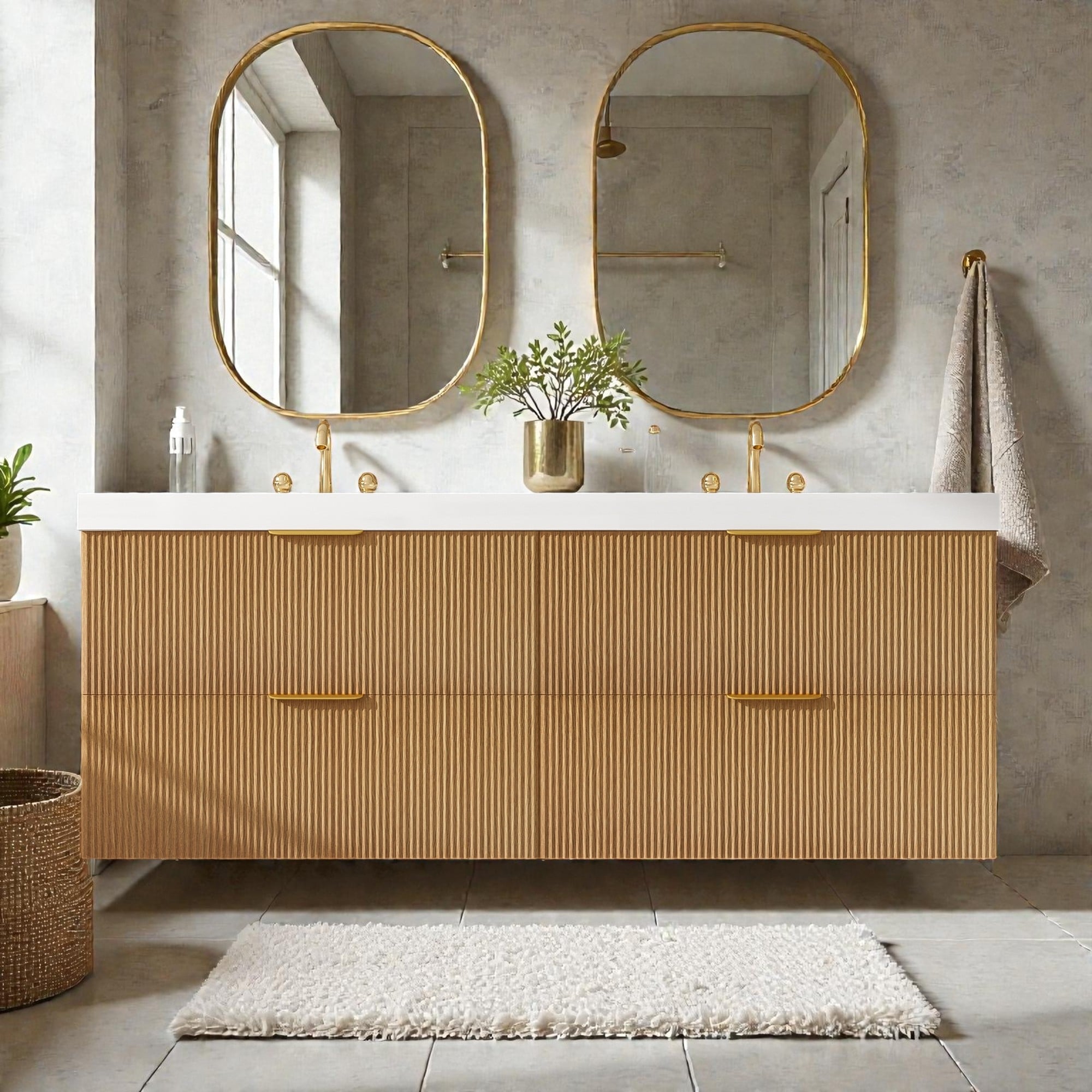 59.3 Double Sink Bathroom Vanity Wall Mounted Cabinet With Smc Integrated Top And 4 Soft Close Drawers