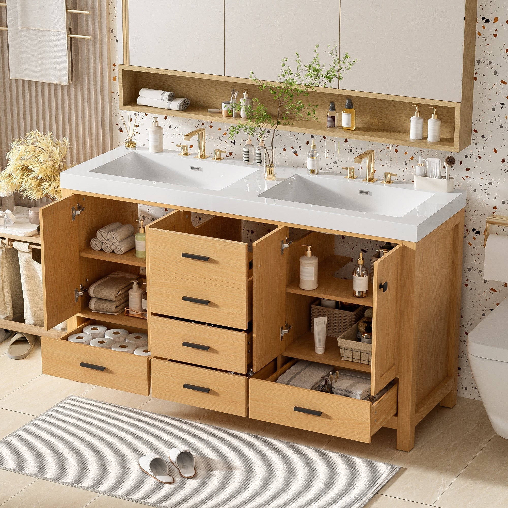59.3 Bathroom Vanity With Solid Wood Frame Mdf Cabinet Double Smc Resin Sink 4 Doors 5 Drawers Adjustable Shelves