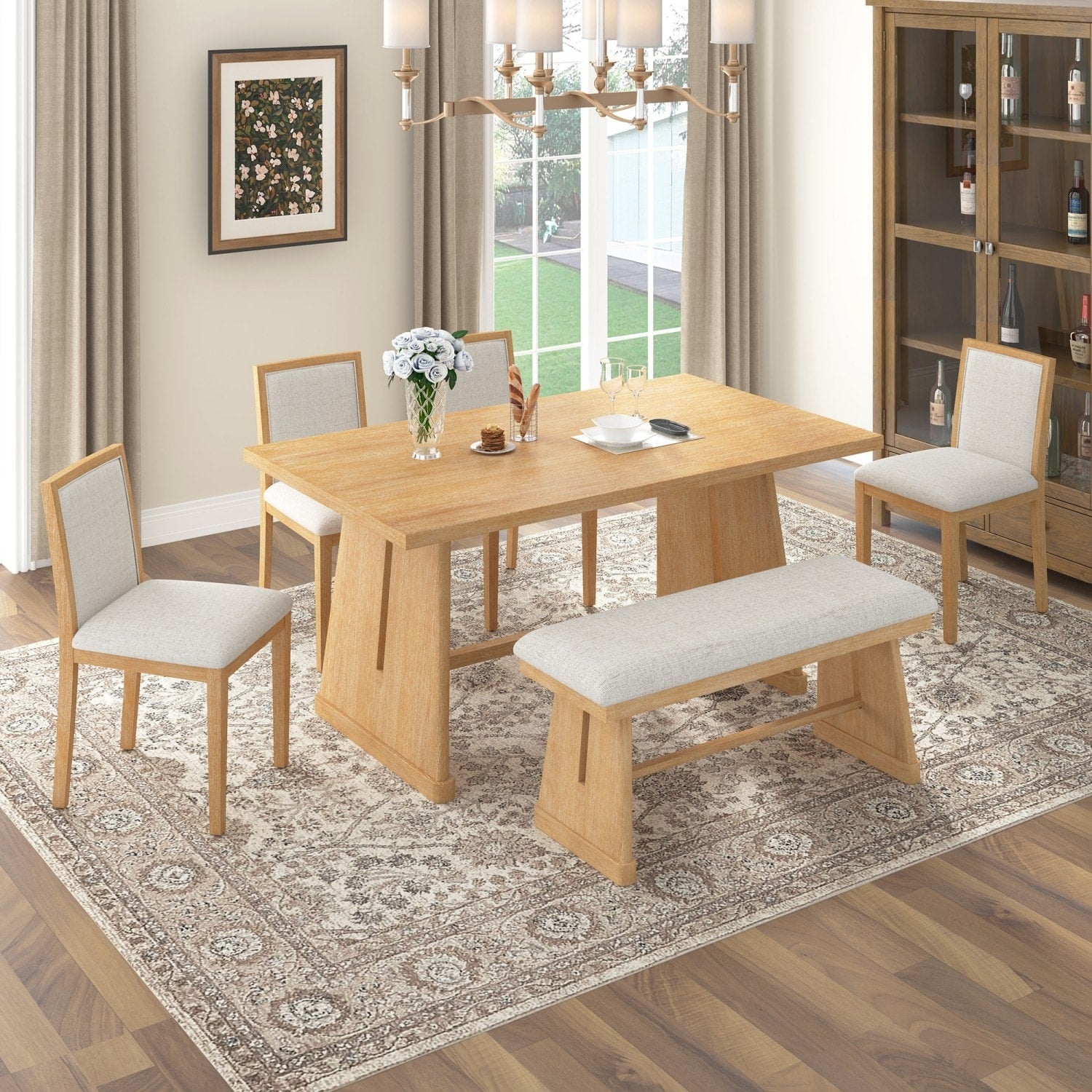 59.8 Farmhouse Dining Table With 4 Upholstered Chairs And 1 Padded Bench