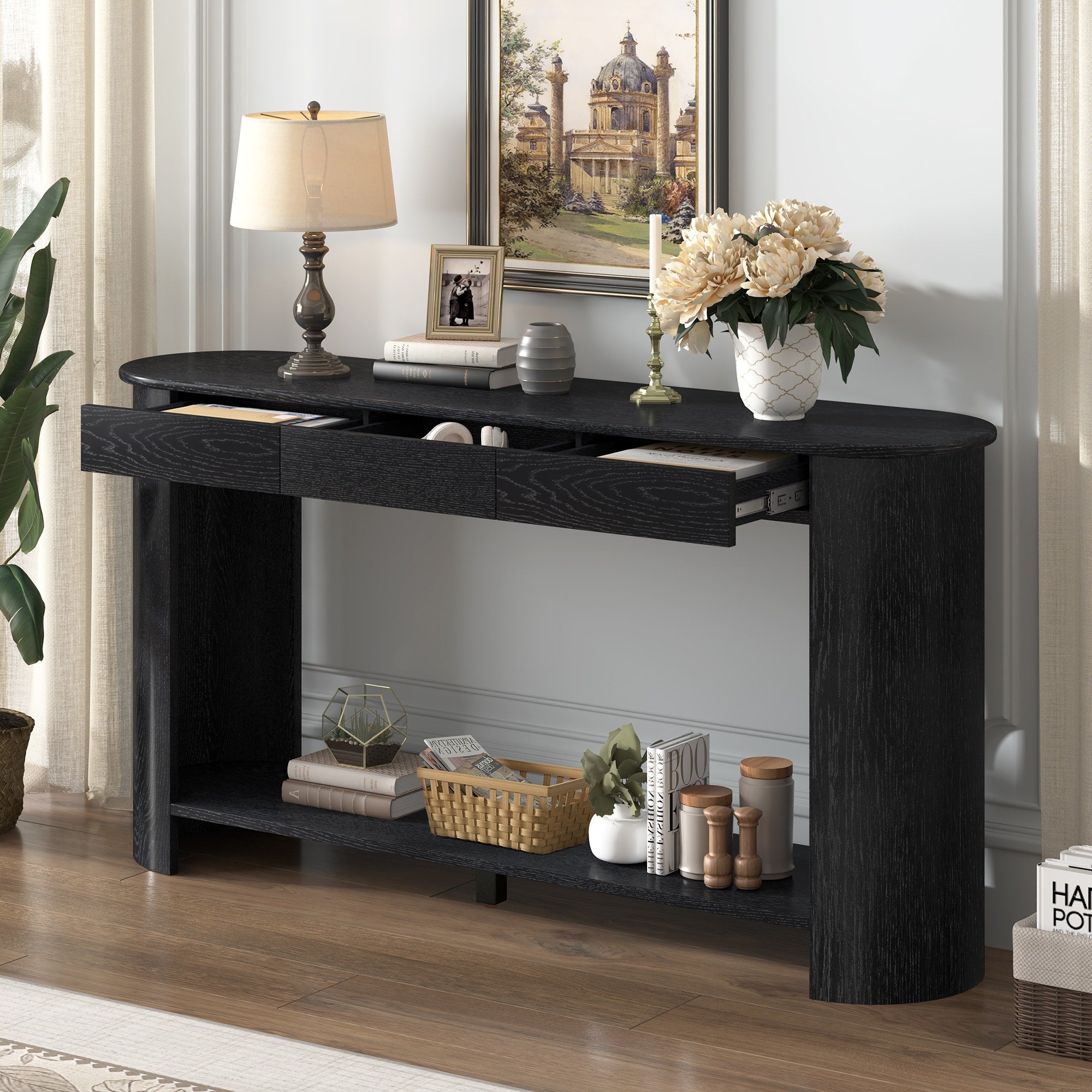 59.8 Modern Oak Veneer Console Table With 3 Drawers Shelf Wood Sofa Table With Semi Circular Design