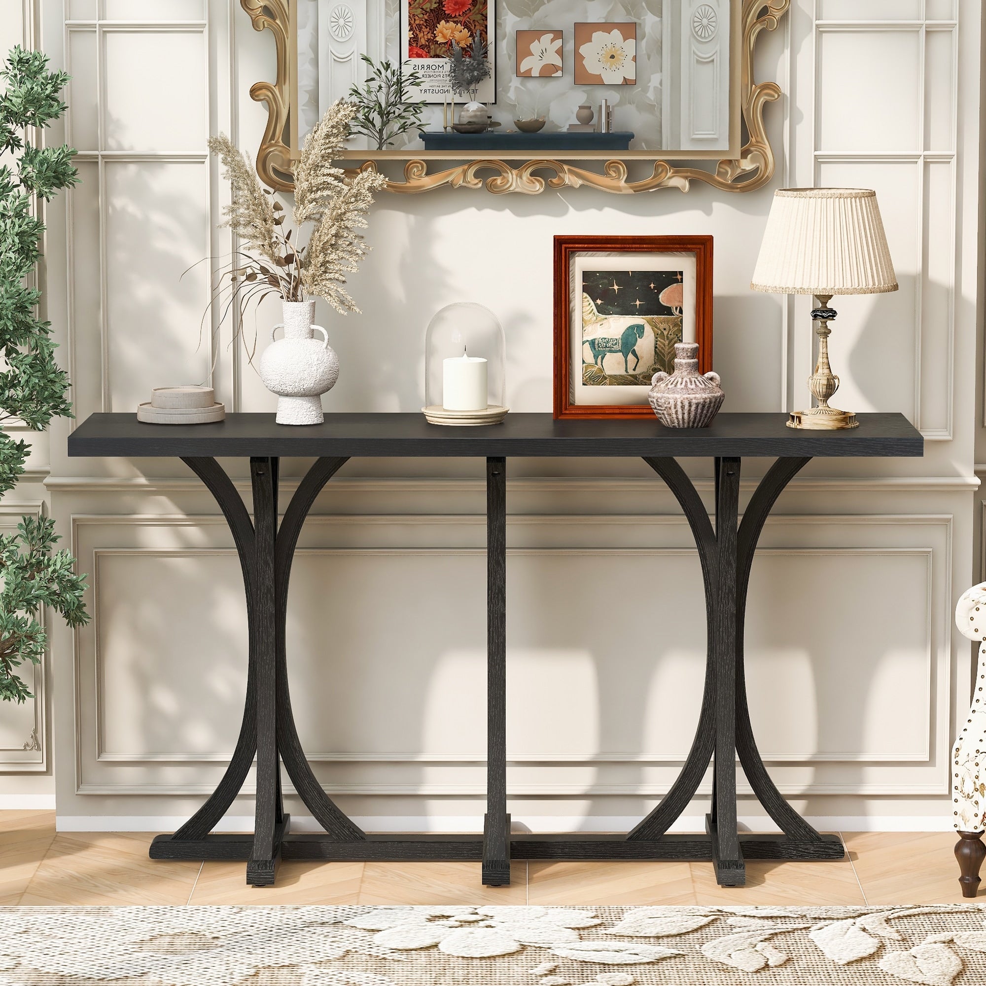 59.8 Wooden Console Table With Oak Veneer Top Rubber Wood Slender Curved Legs
