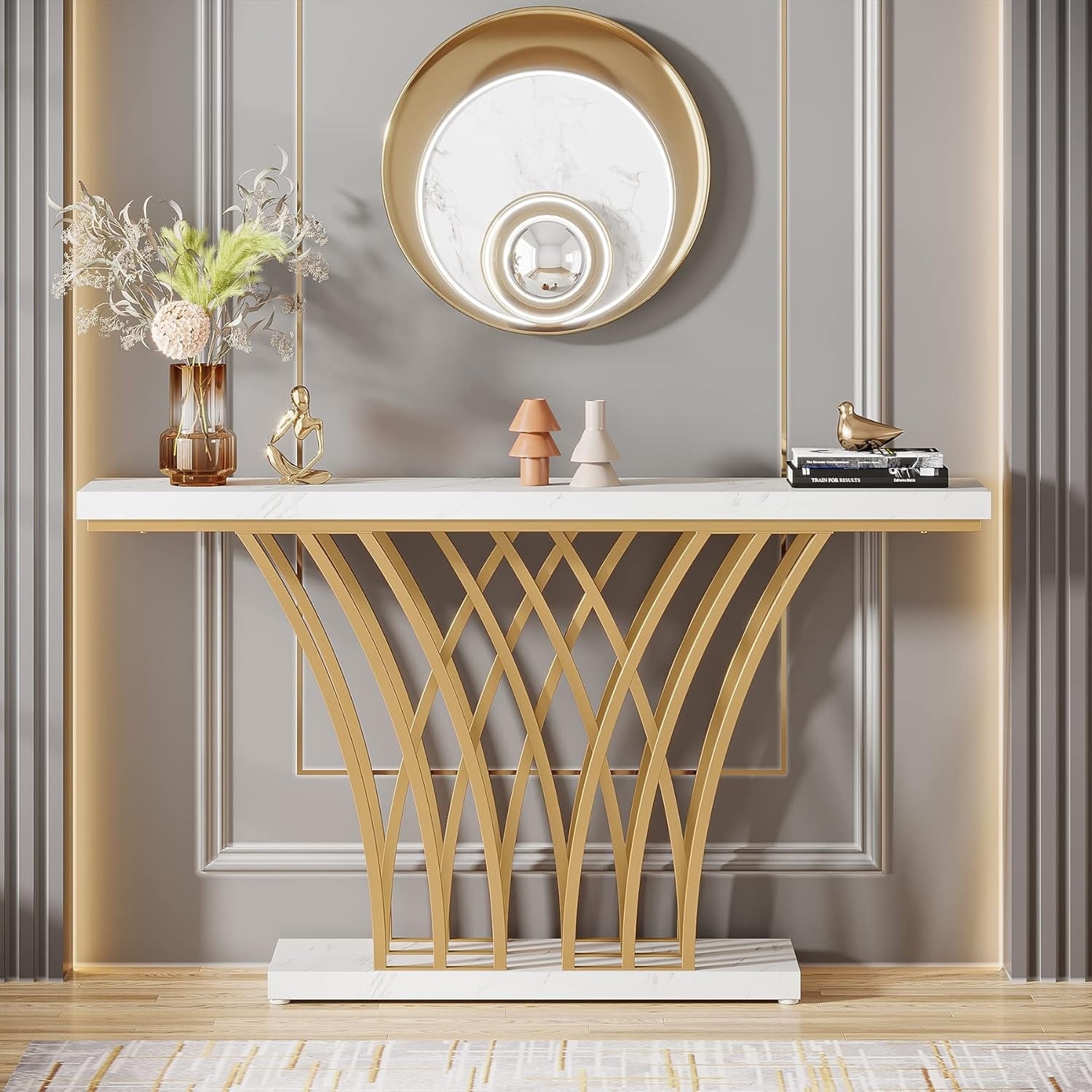 59 Modern Faux Marble Entryway Console Table With Grid Metal Base For Living Room Hallway Foyer