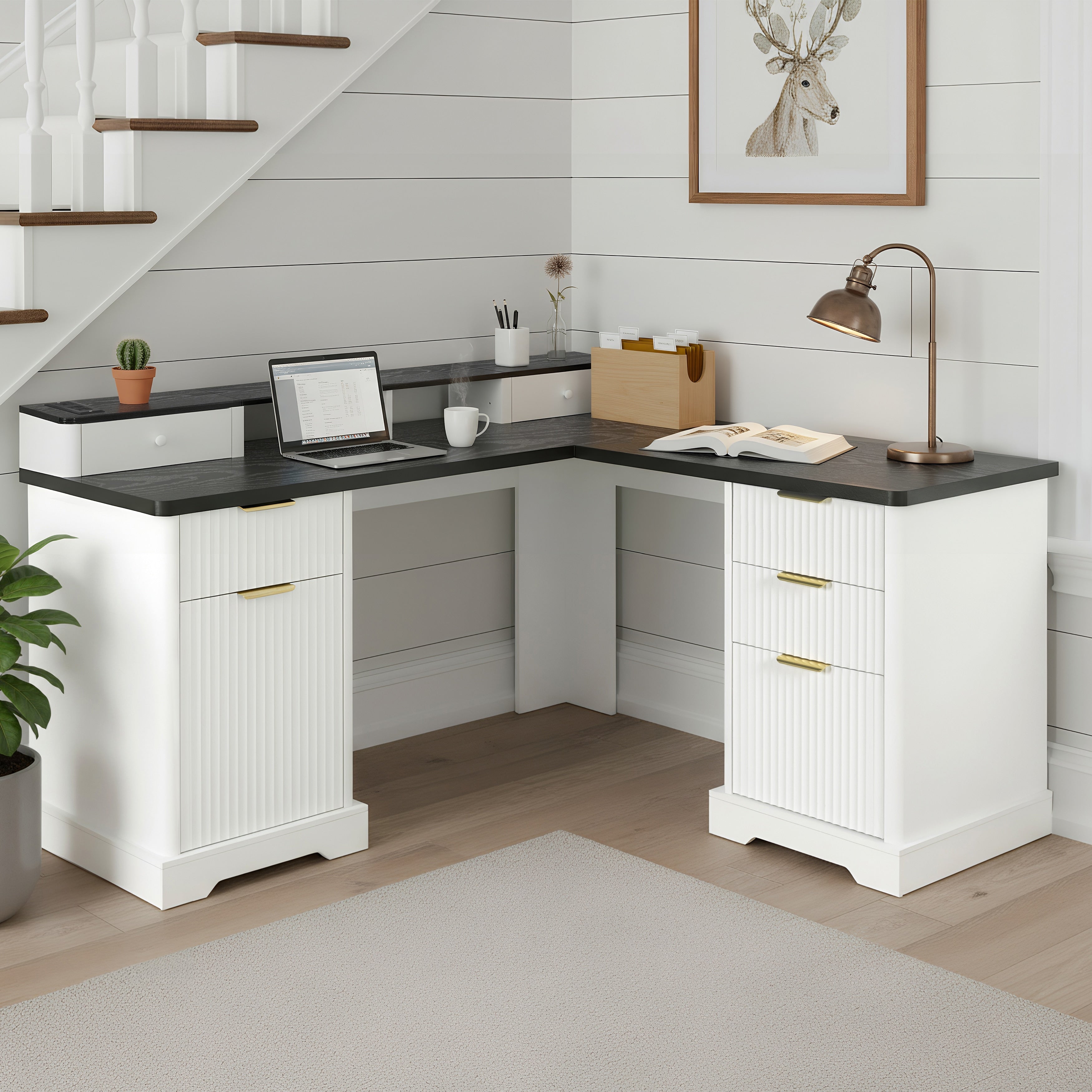 59 Modern Fluted L Shaped Chargeable Desk With Cabinet And Drawer