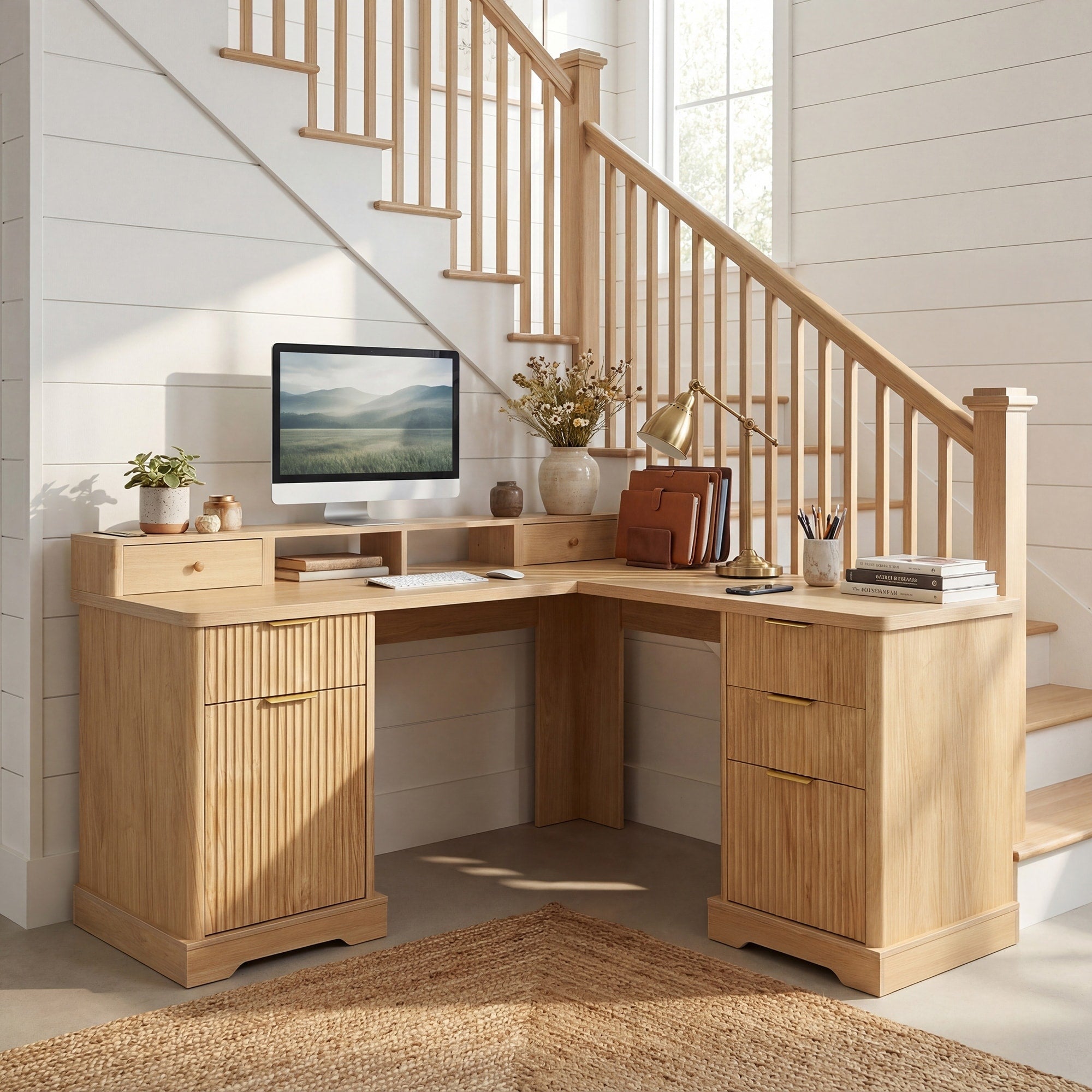 59 Modern Fluted L Shaped Desk With Charging Station Storage Cabinet Home Office Computer Desk With Monitor Stand