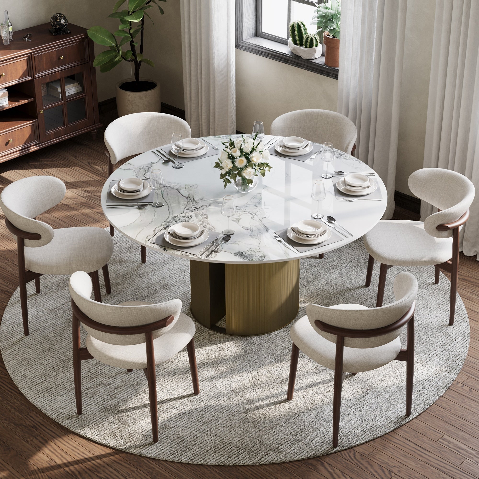 59 Modern Round Dining Table For 6 8 Glossy Sintered Stone Table Top White Kitchen Table With Stainless Steel Base