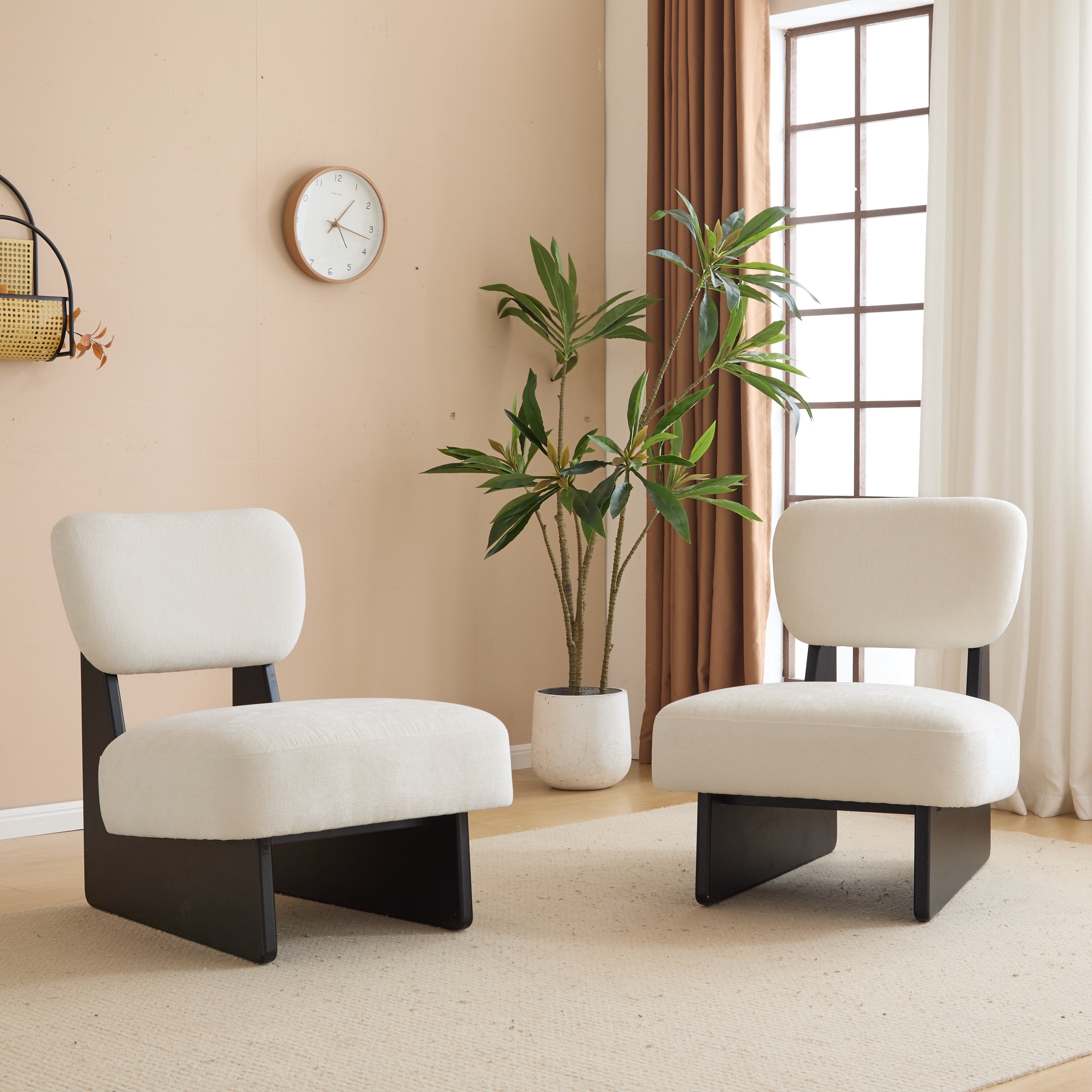 Set Of 2 Modern Beige Lounge Chair With Polyester Upholstery Sturdy Wood Base With Black Finish For Living Room Bedroom