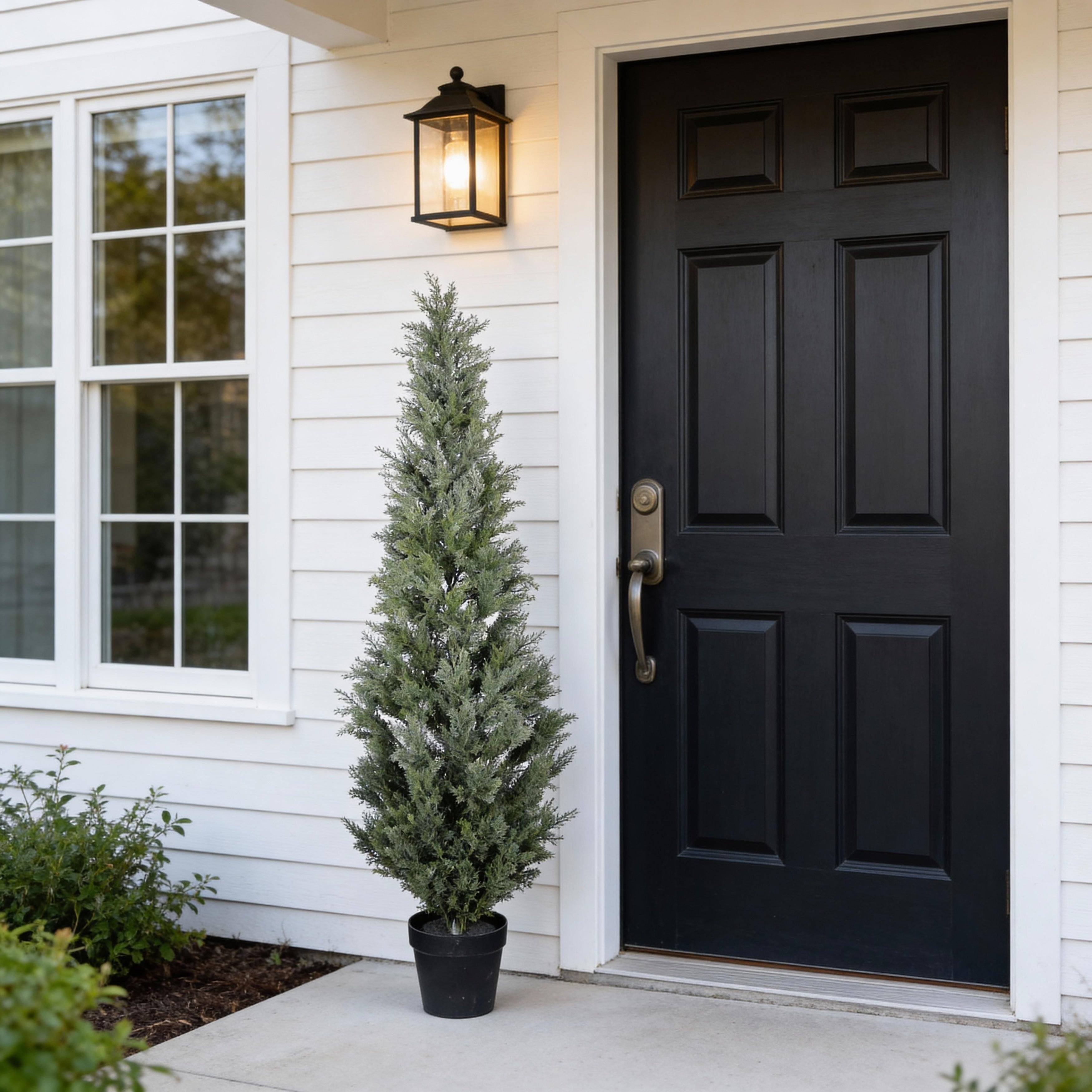 5Ft Artificial Cypress Tree In Black Plastic Pot Uv Resistant Realistic Indoor Outdoor Fake Topiary Plant 1Pc Set