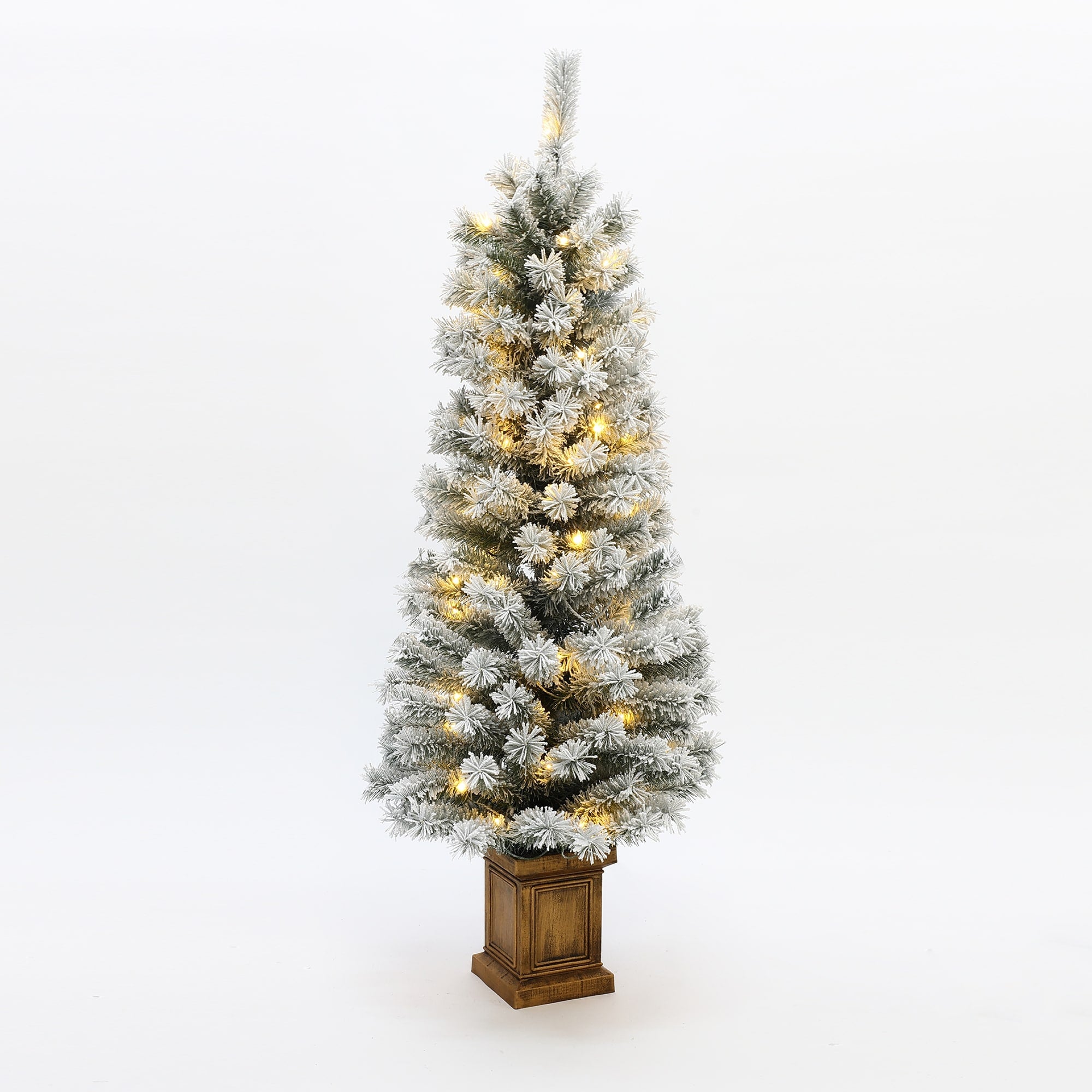 5Ft Pre Lit Artificial Flocked Fir Christmas Tree In Square Planter Pot 60 H X 19.2 Diameter