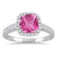 5Mm Cushion Cut Pink Topaz And Diamond Halo Ring In 10K White Gold